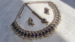 Petite look Antique Polki Kundan blue Necklace Set with stud Earrings and Tikka | Indian Jewelry | Bridal Jewelry Kaur