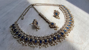 Petite look Antique Polki Kundan blue Necklace Set with stud Earrings and Tikka | Indian Jewelry | Bridal Jewelry Kaur