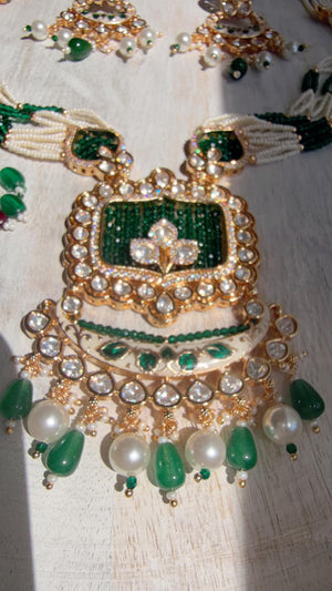 Emerald Green Kundan Rani Haar Necklace Set | Kundan Diamond Long Necklace | Indian Bridal Jewelry | Indian Wedding Necklace - Mary
