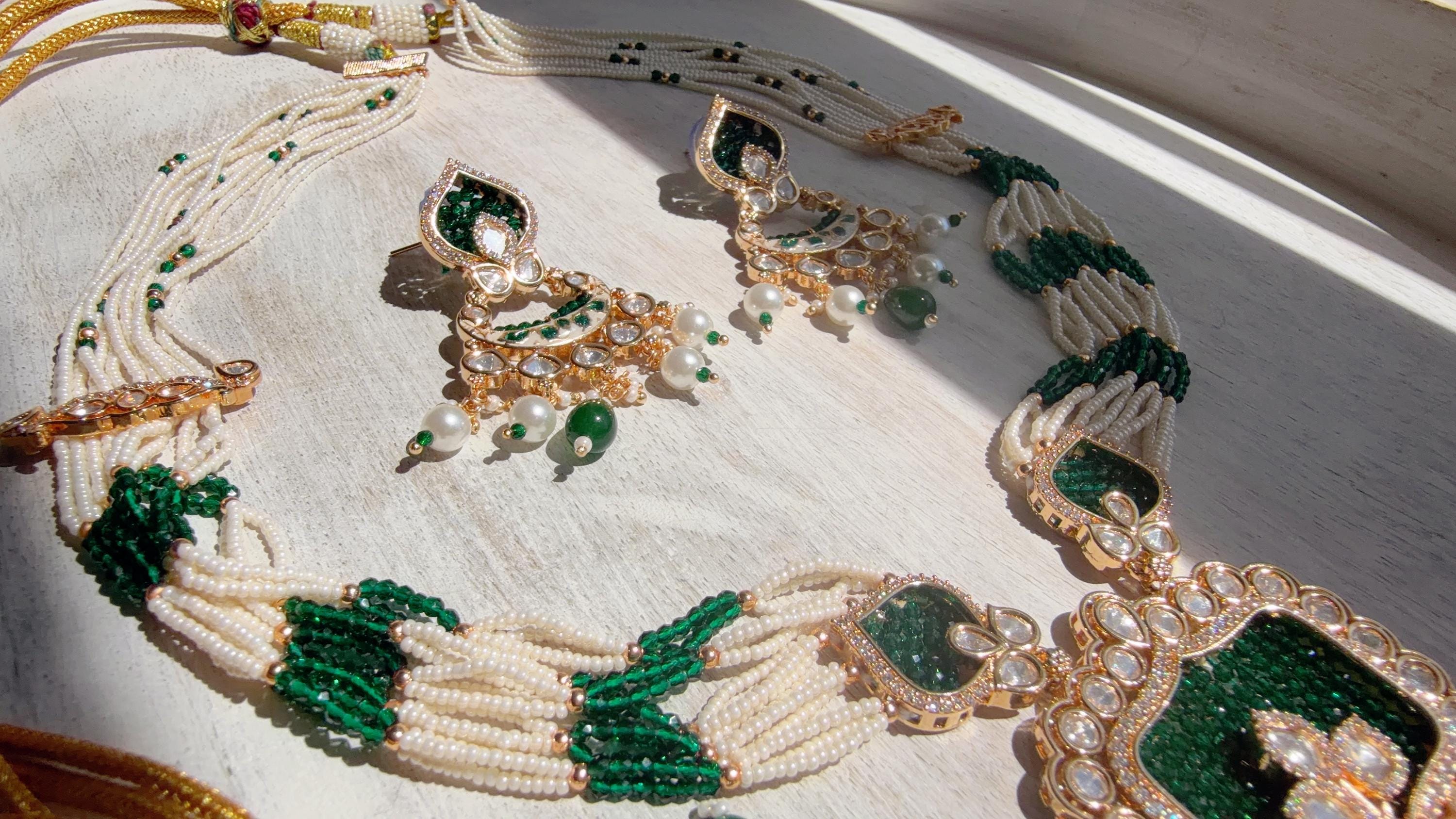 Emerald Green Kundan Rani Haar Necklace Set | Kundan Diamond Long Necklace | Indian Bridal Jewelry | Indian Wedding Necklace - Mary