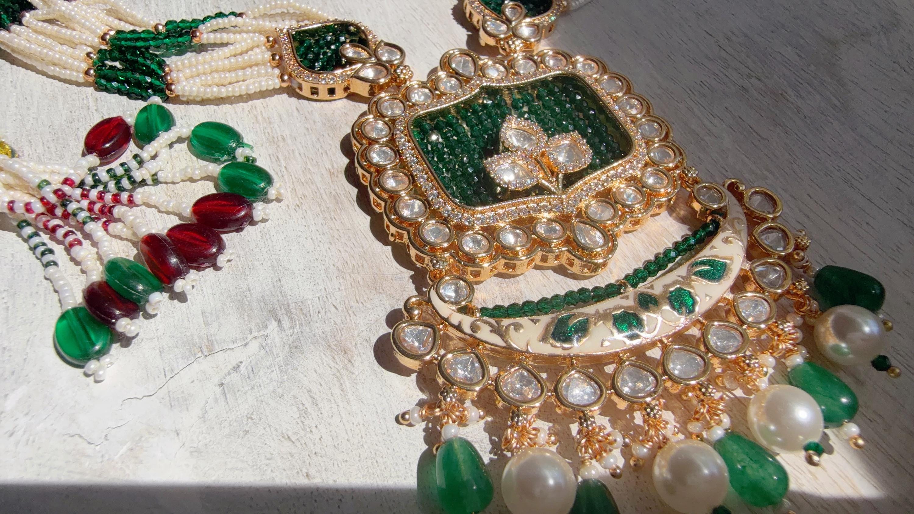 Emerald Green Kundan Rani Haar Necklace Set | Kundan Diamond Long Necklace | Indian Bridal Jewelry | Indian Wedding Necklace - Mary