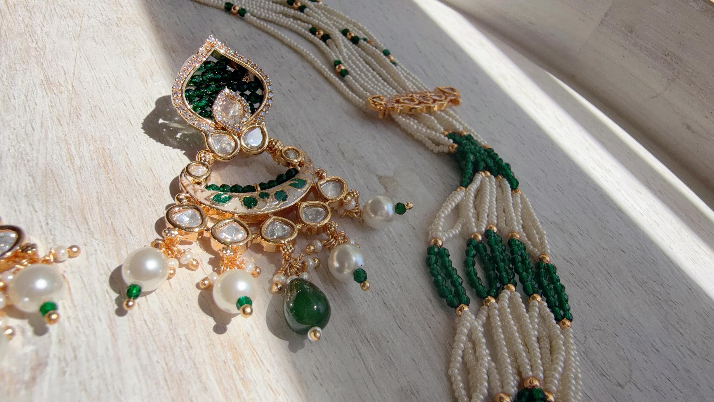 Emerald Green Kundan Rani Haar Necklace Set | Kundan Diamond Long Necklace | Indian Bridal Jewelry | Indian Wedding Necklace - Mary