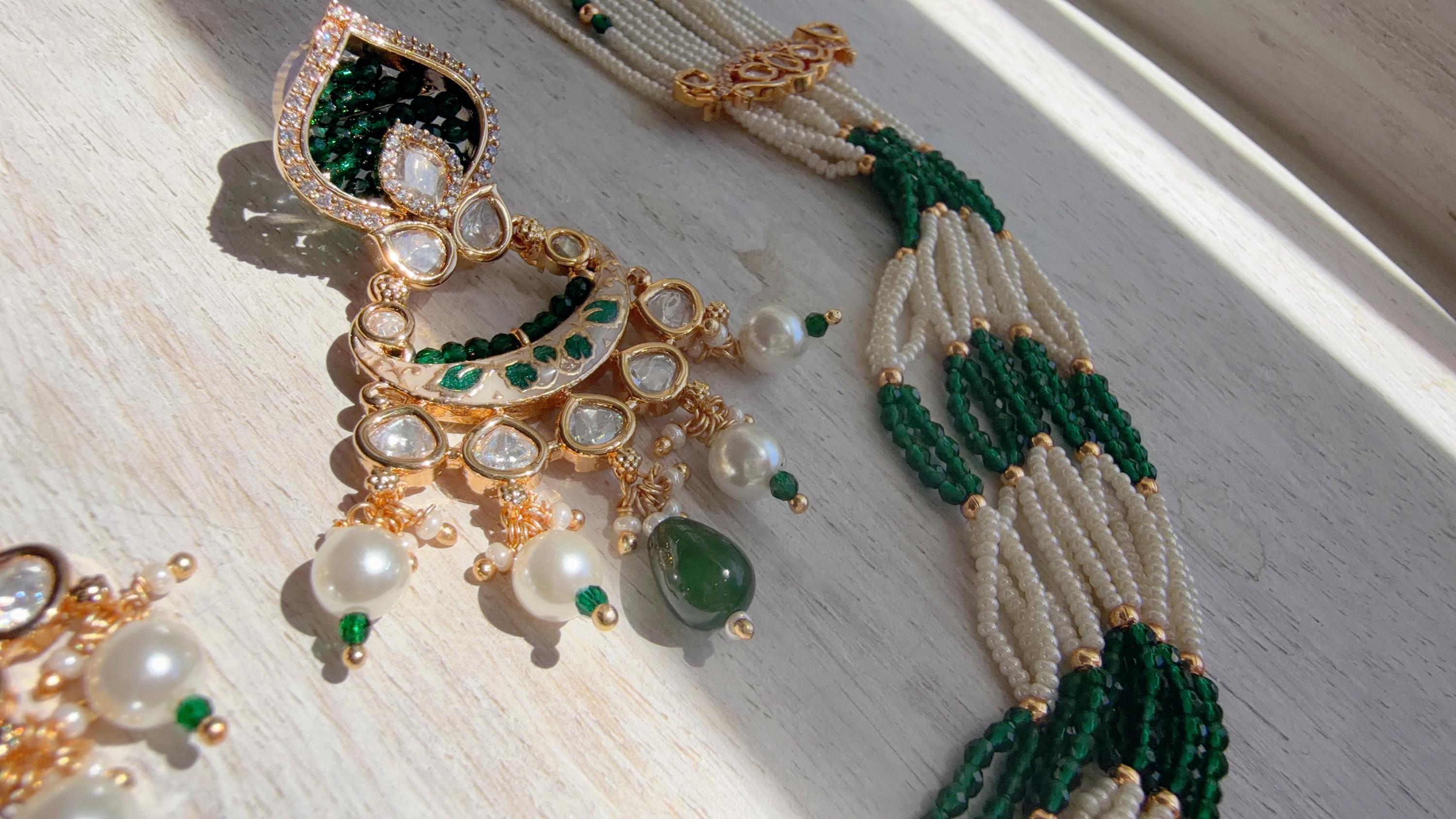 Emerald Green Kundan Rani Haar Necklace Set | Kundan Diamond Long Necklace | Indian Bridal Jewelry | Indian Wedding Necklace - Mary