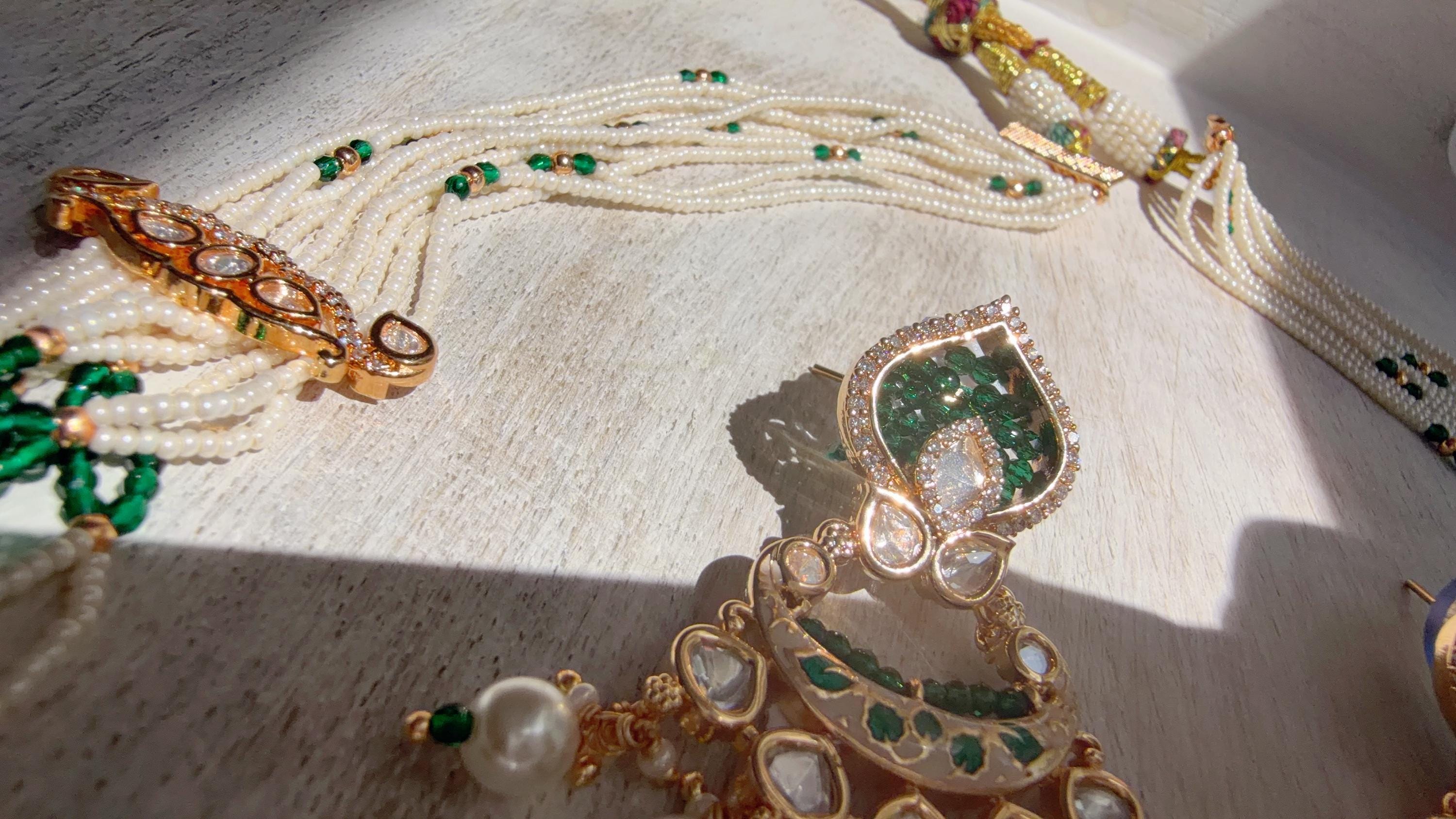Emerald Green Kundan Rani Haar Necklace Set | Kundan Diamond Long Necklace | Indian Bridal Jewelry | Indian Wedding Necklace - Mary