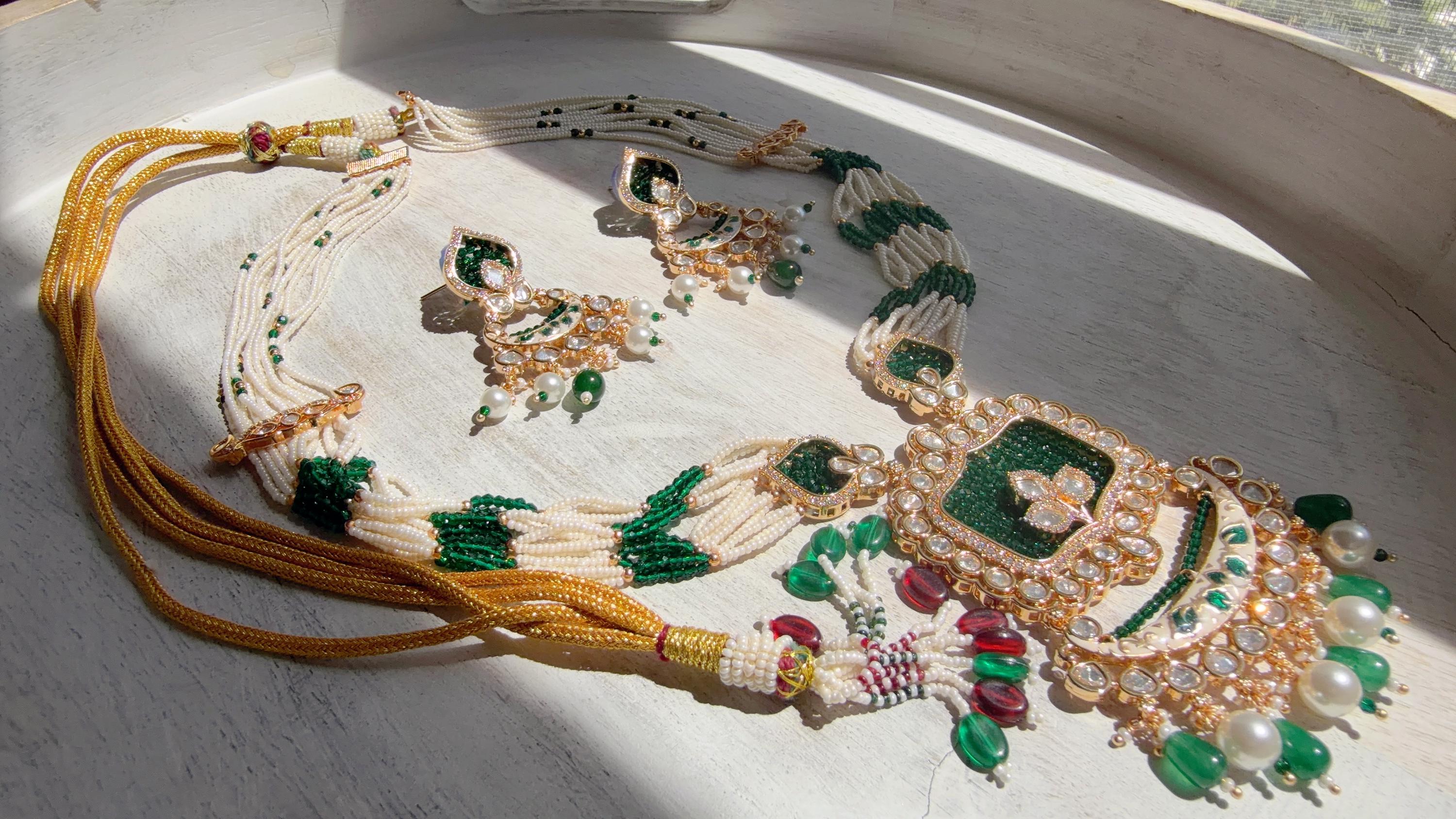 Emerald Green Kundan Rani Haar Necklace Set | Kundan Diamond Long Necklace | Indian Bridal Jewelry | Indian Wedding Necklace - Mary