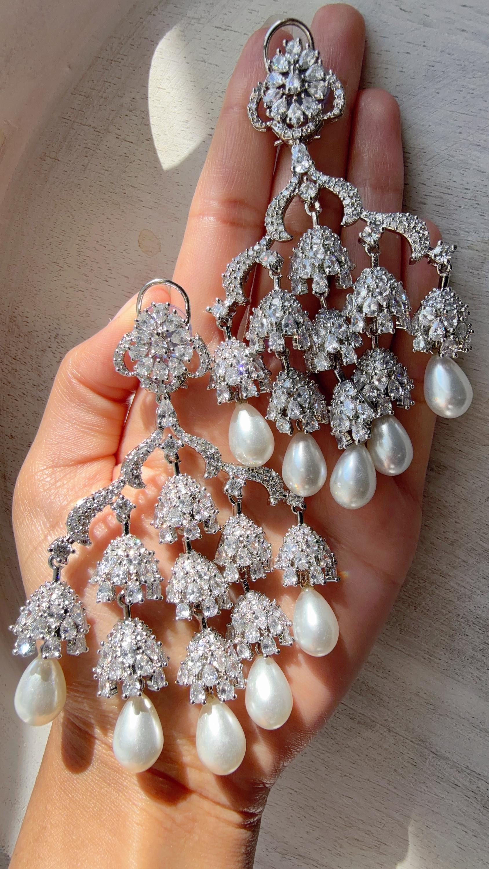 Rhodium look Diamond Pearl Chandelier/Chandbali Chandelier Earrings/Luxury Bridal Jewelry/Indian jhumka/Faith