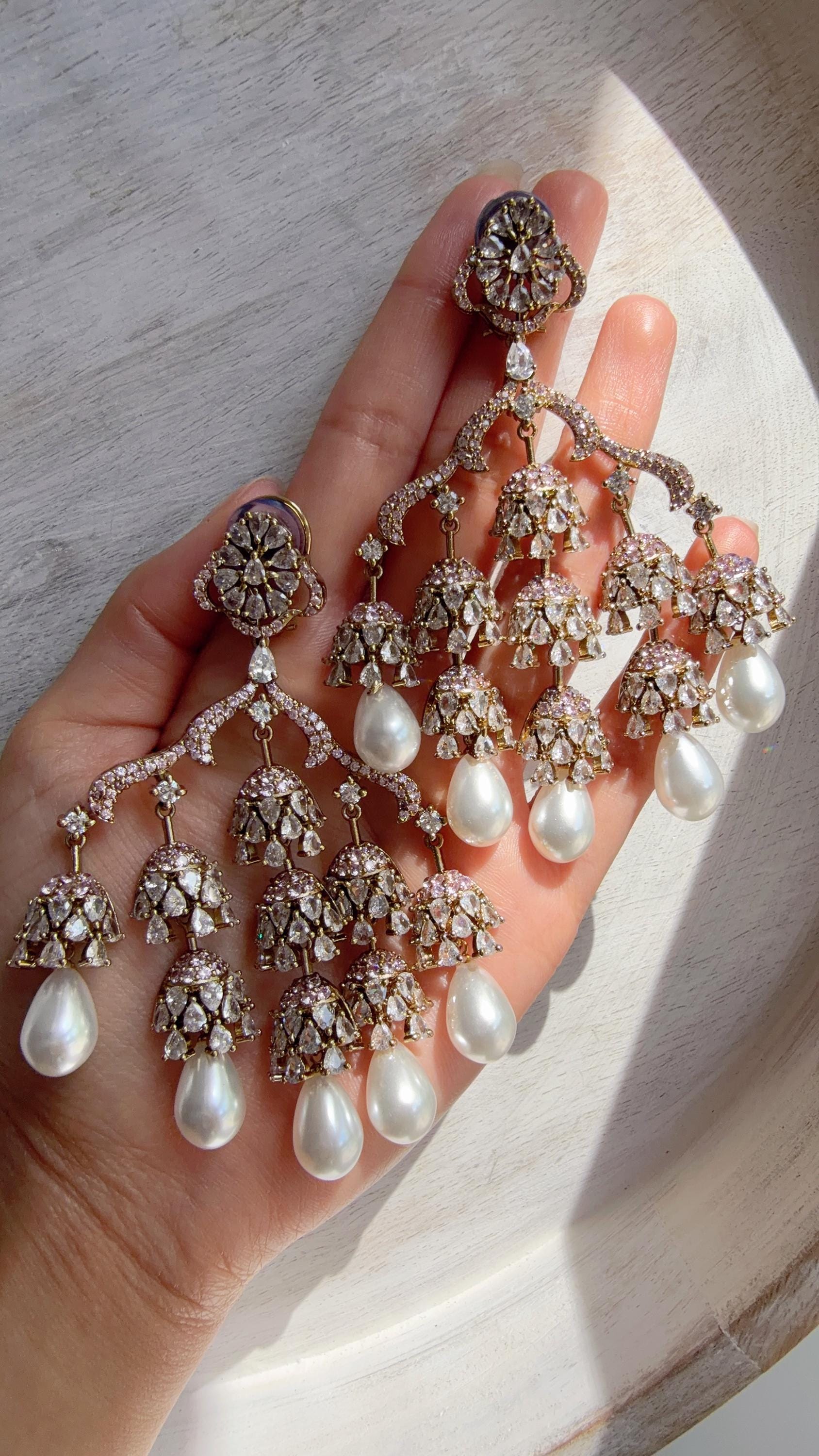 Mehendi look Diamond Pearl Chandelier/Baby Pink Chandbali Chandelier Earrings/Luxury Bridal Jewelry/Indian jhumka/Faith