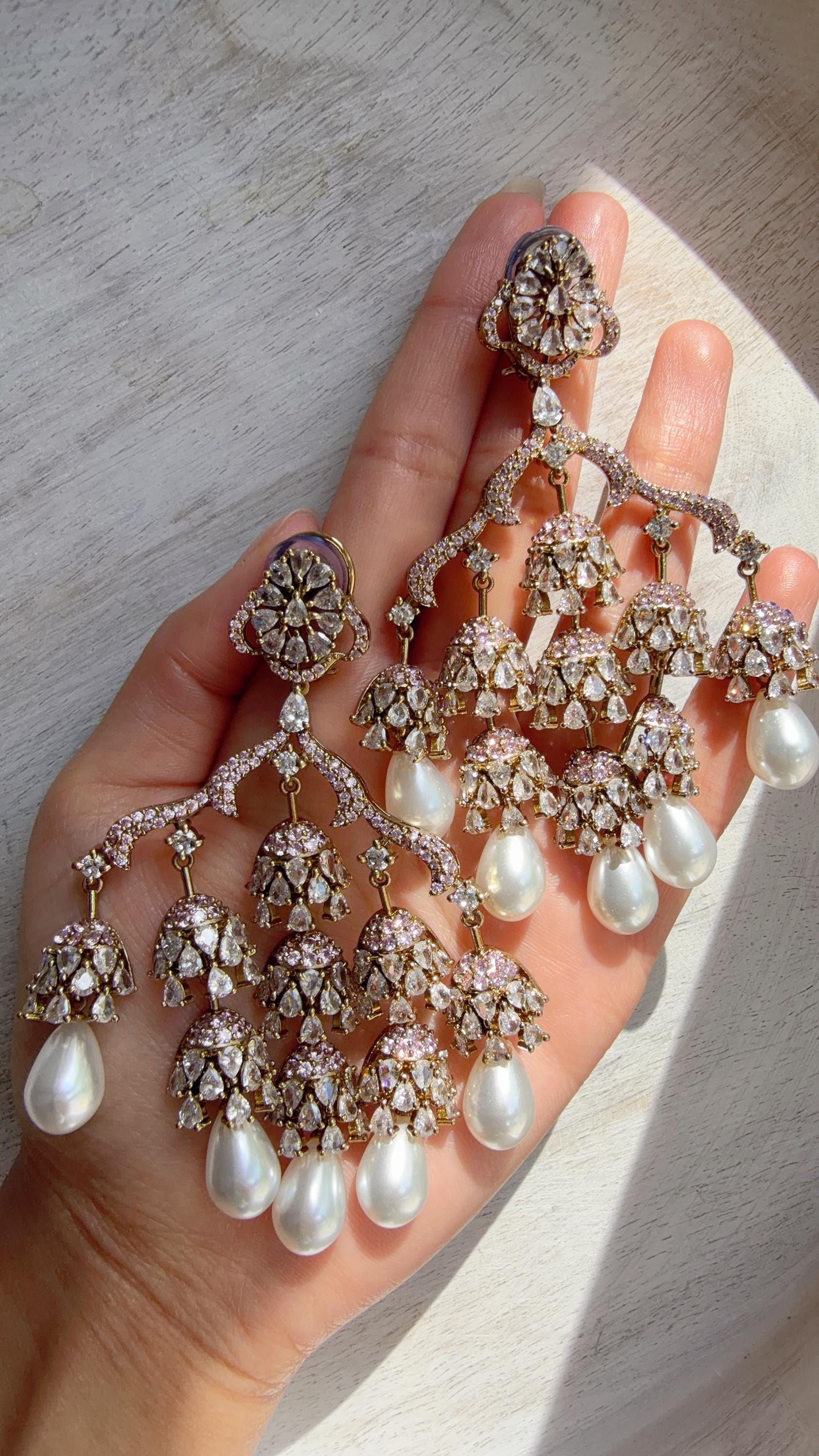 Mehendi look Diamond Pearl Chandelier/Baby Pink Chandbali Chandelier Earrings/Luxury Bridal Jewelry/Indian jhumka/Faith