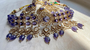 Purple Kundan Polki Choker Necklace Set | Gold Finish Statement Choker with chandbali and Maang tikka | Indian Bridal Jewelry