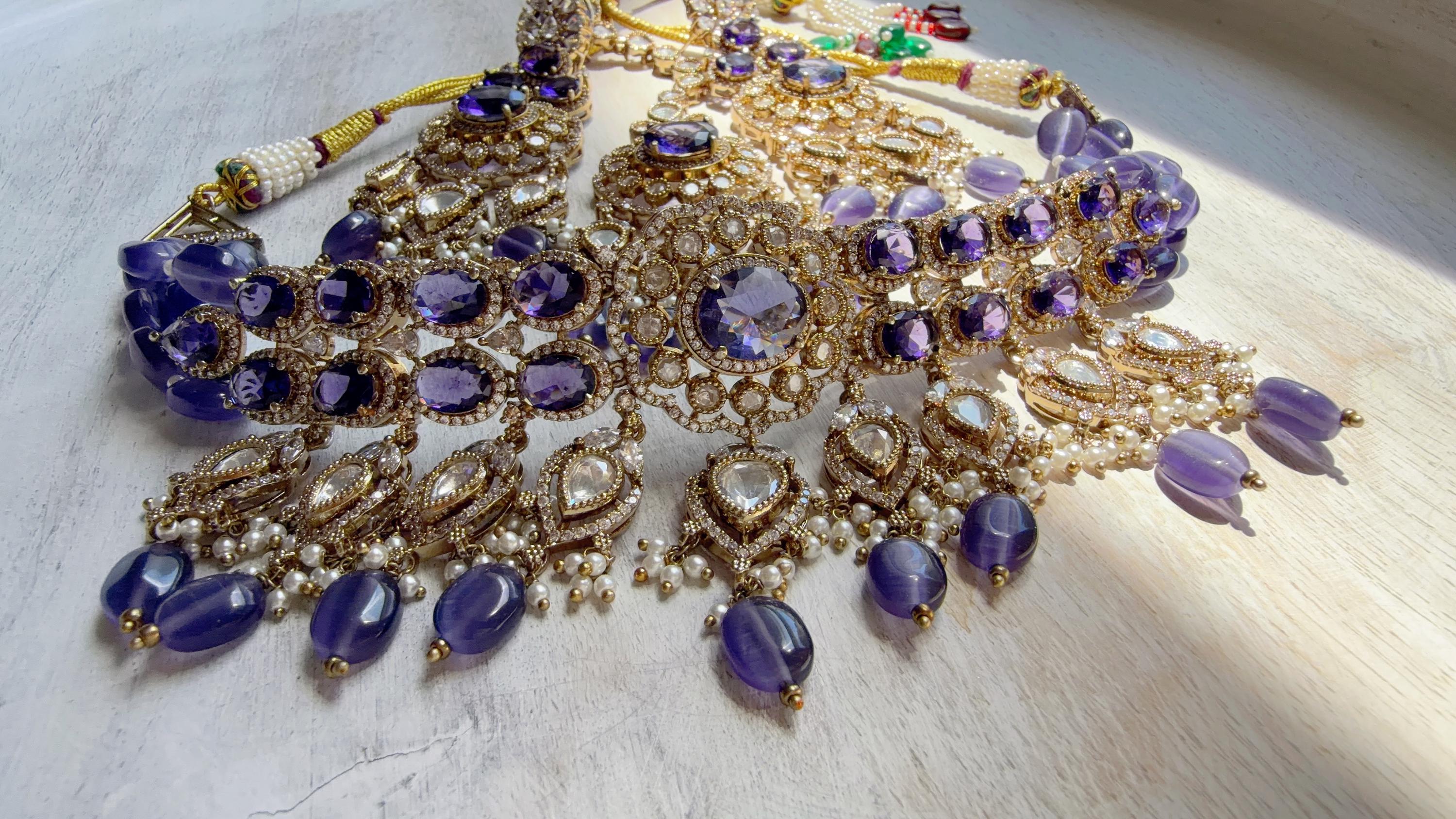 Purple Kundan Polki Choker Necklace Set | Gold Finish Statement Choker with chandbali and Maang tikka | Indian Bridal Jewelry