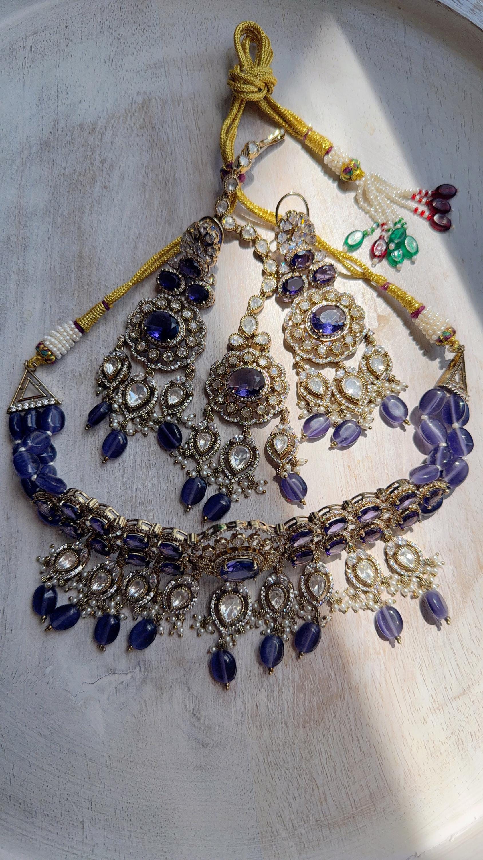 Purple Kundan Polki Choker Necklace Set | Gold Finish Statement Choker with chandbali and Maang tikka | Indian Bridal Jewelry