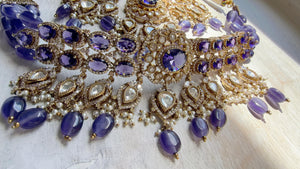 Purple Kundan Polki Choker Necklace Set | Gold Finish Statement Choker with chandbali and Maang tikka | Indian Bridal Jewelry
