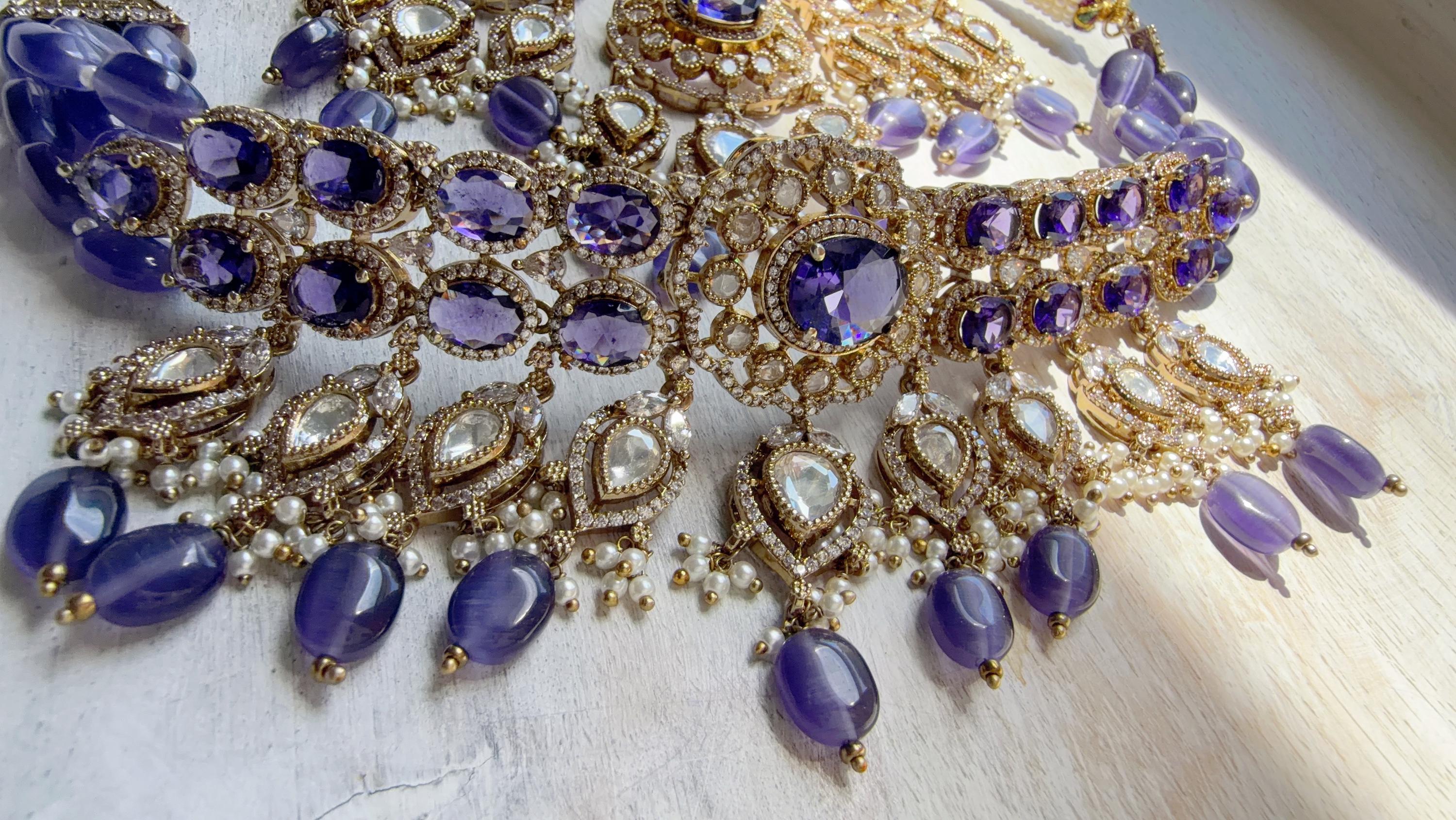 Purple Kundan Polki Choker Necklace Set | Gold Finish Statement Choker with chandbali and Maang tikka | Indian Bridal Jewelry