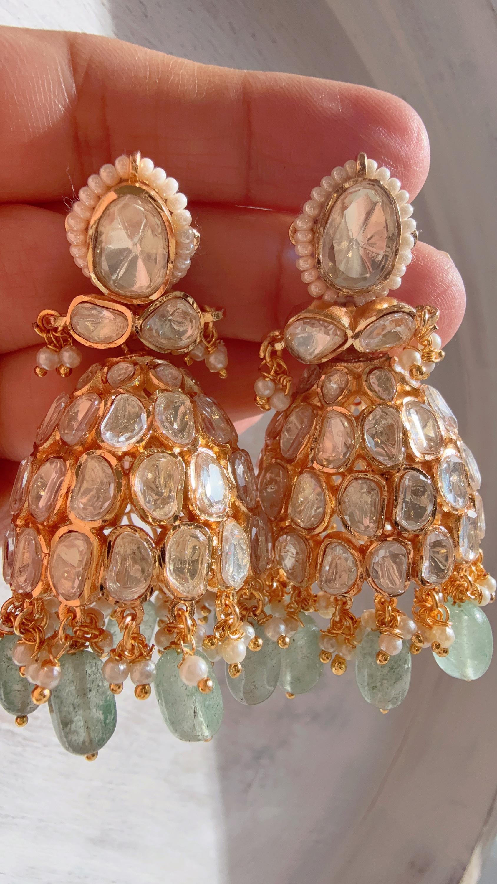 Gold Luxurious Moissanite Mint jhumka Earrings/Statement Jewelry Moissanite jhumka Earrings/Bridal Diamond