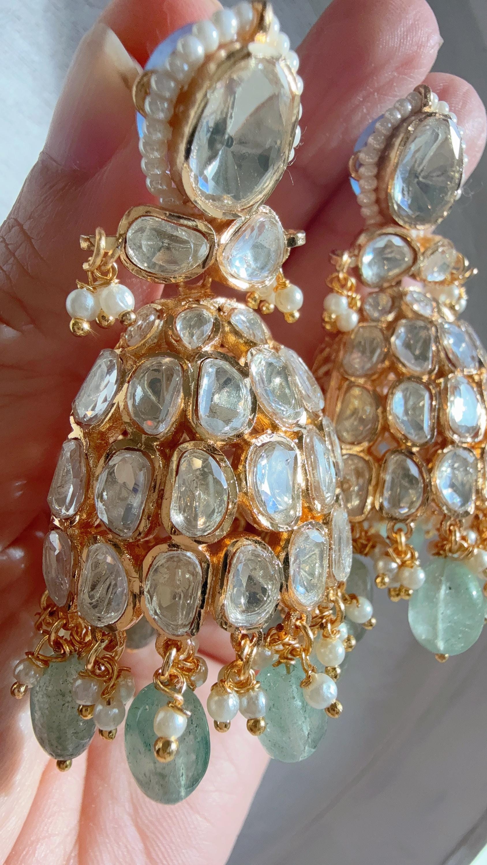 Gold Luxurious Moissanite Mint jhumka Earrings/Statement Jewelry Moissanite jhumka Earrings/Bridal Diamond
