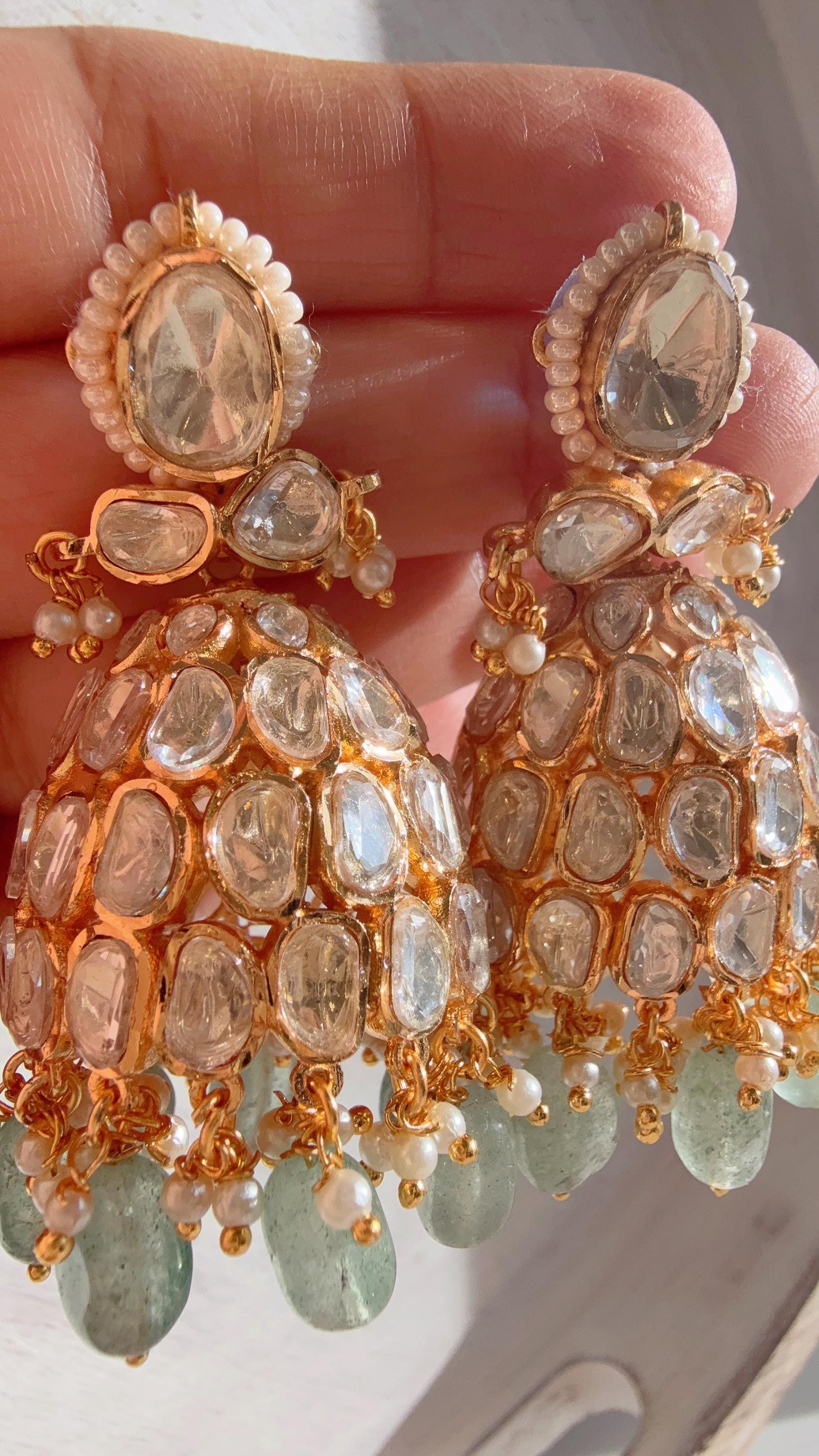 Gold Luxurious Moissanite Mint jhumka Earrings/Statement Jewelry Moissanite jhumka Earrings/Bridal Diamond