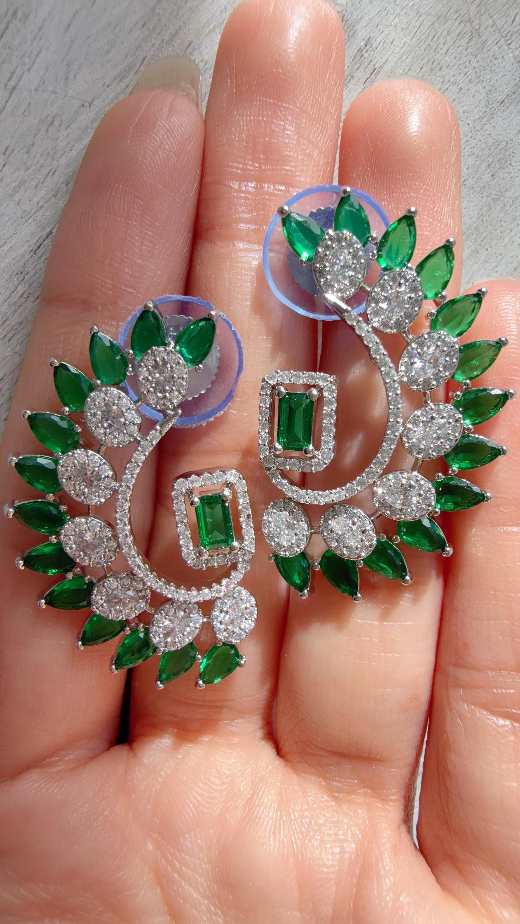 Diamond silver medium length Green earrings /Indian Studs/Indian Jewelry/diamond Studs/Statement Stud Earring/