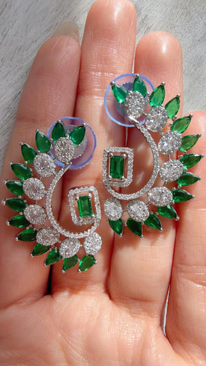Diamond silver medium length Green earrings /Indian Studs/Indian Jewelry/diamond Studs/Statement Stud Earring/