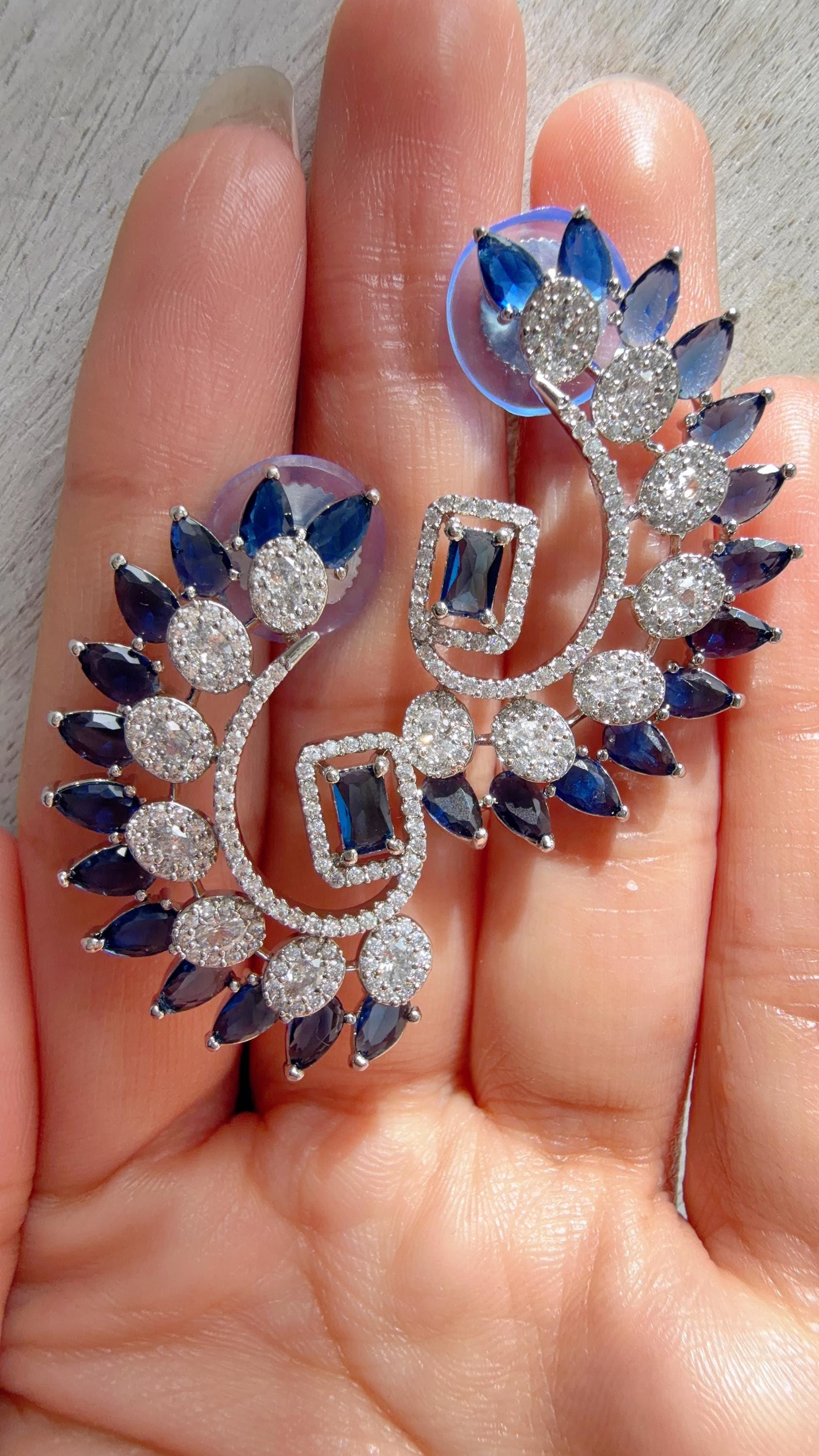 Diamond silver medium length Blue earrings /Indian Studs/Indian Jewelry/diamond Studs/Statement Stud Earring/