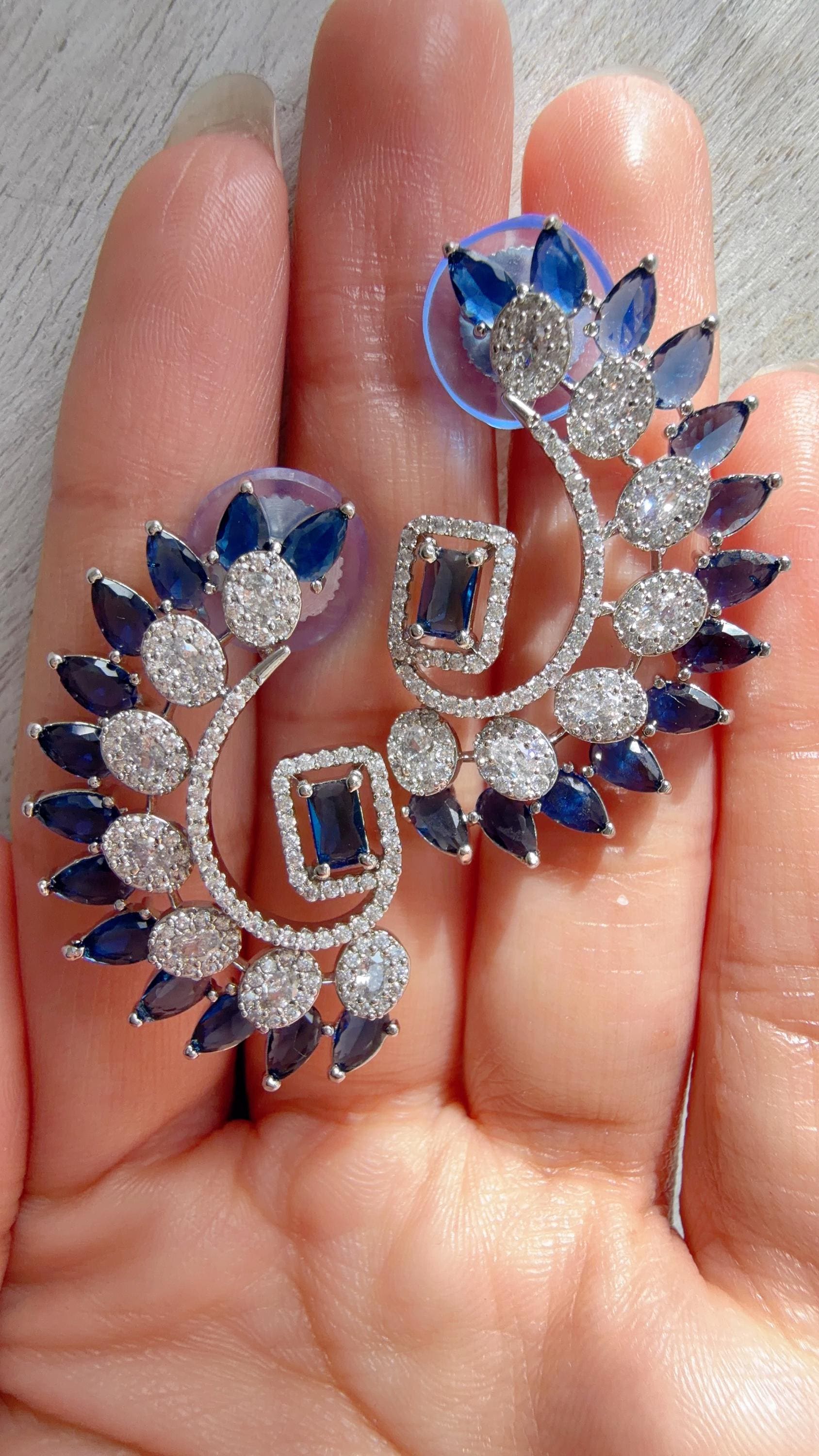 Diamond silver medium length Blue earrings /Indian Studs/Indian Jewelry/diamond Studs/Statement Stud Earring/