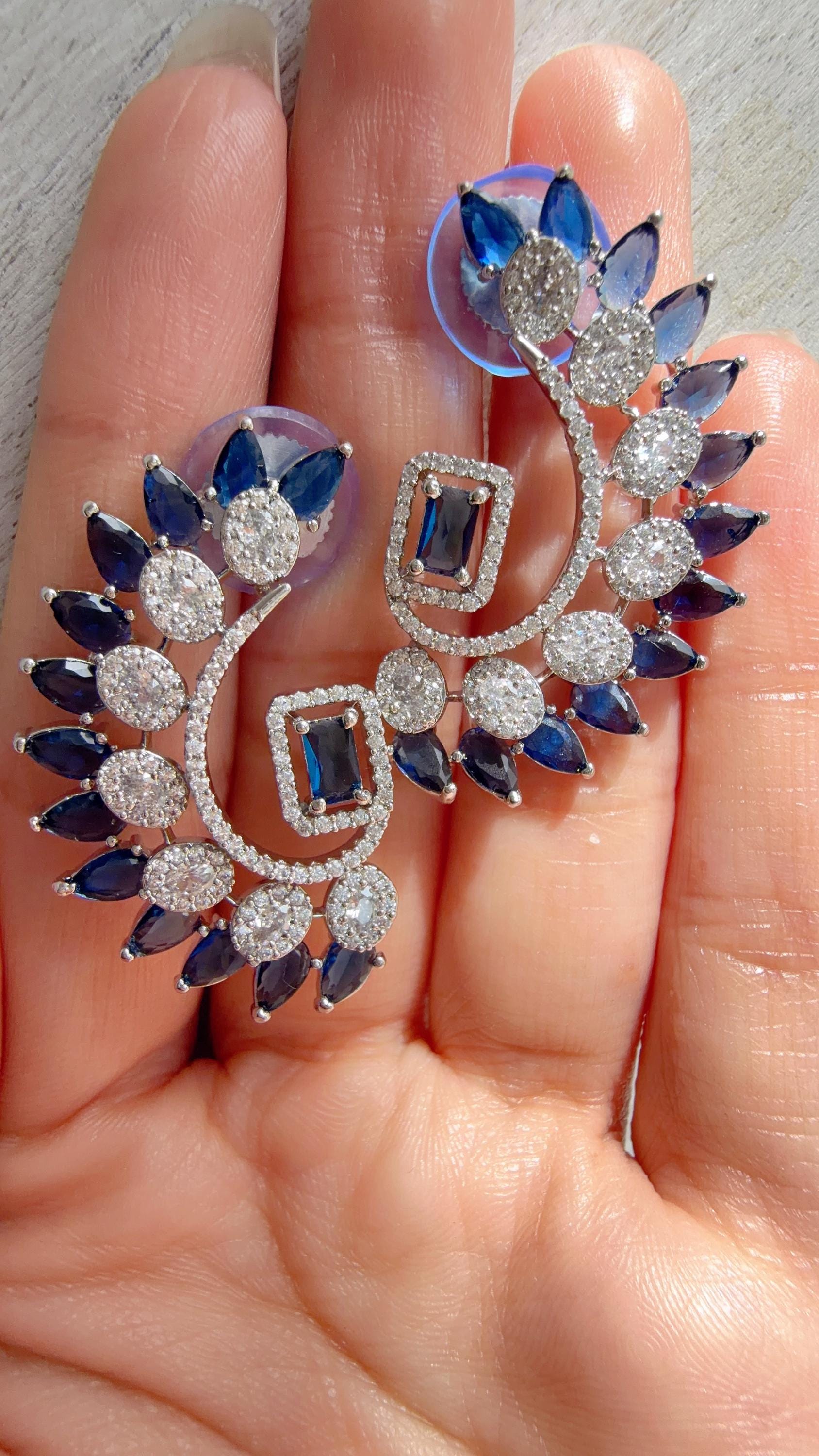 Diamond silver medium length Blue earrings /Indian Studs/Indian Jewelry/diamond Studs/Statement Stud Earring/