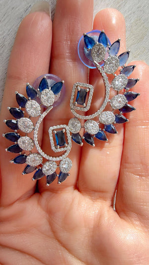 Diamond silver medium length Blue earrings /Indian Studs/Indian Jewelry/diamond Studs/Statement Stud Earring/