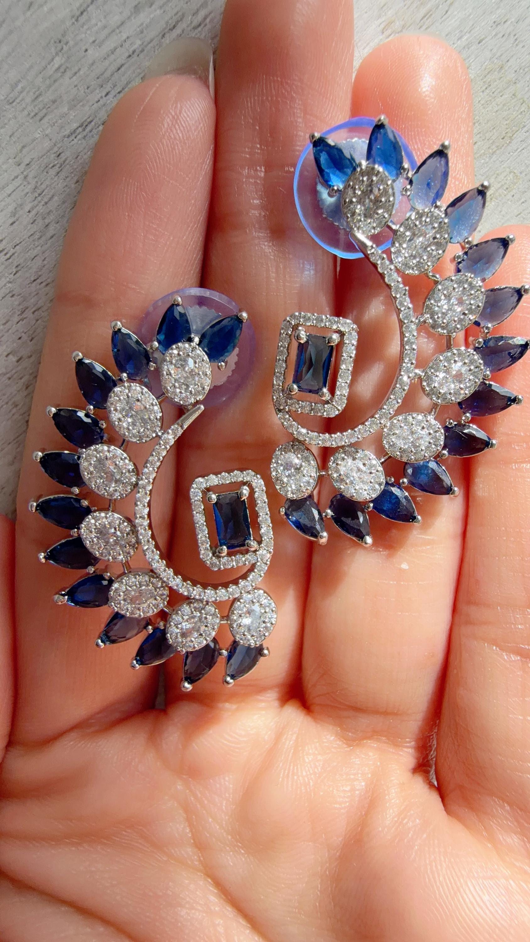 Diamond silver medium length Blue earrings /Indian Studs/Indian Jewelry/diamond Studs/Statement Stud Earring/