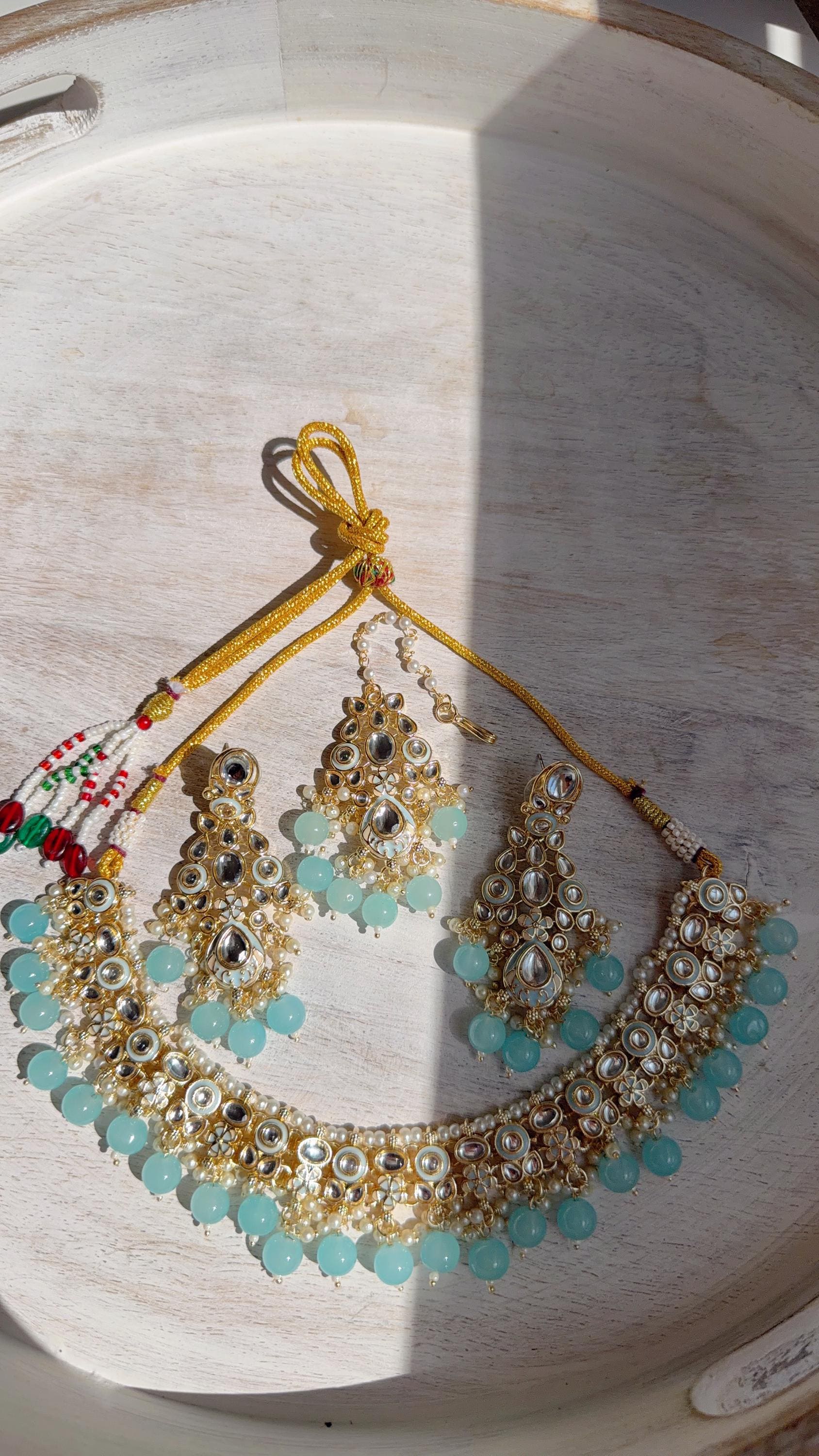 Sky blue Pearl Meenakari Kundan Necklace Set with Long Jhumka & Tikka | Bridal Kundan Choker | Indian Wedding Jewelry