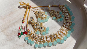 Sky blue Pearl Meenakari Kundan Necklace Set with Long Jhumka & Tikka | Bridal Kundan Choker | Indian Wedding Jewelry