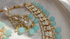 Sky blue Pearl Meenakari Kundan Necklace Set with Long Jhumka & Tikka | Bridal Kundan Choker | Indian Wedding Jewelry