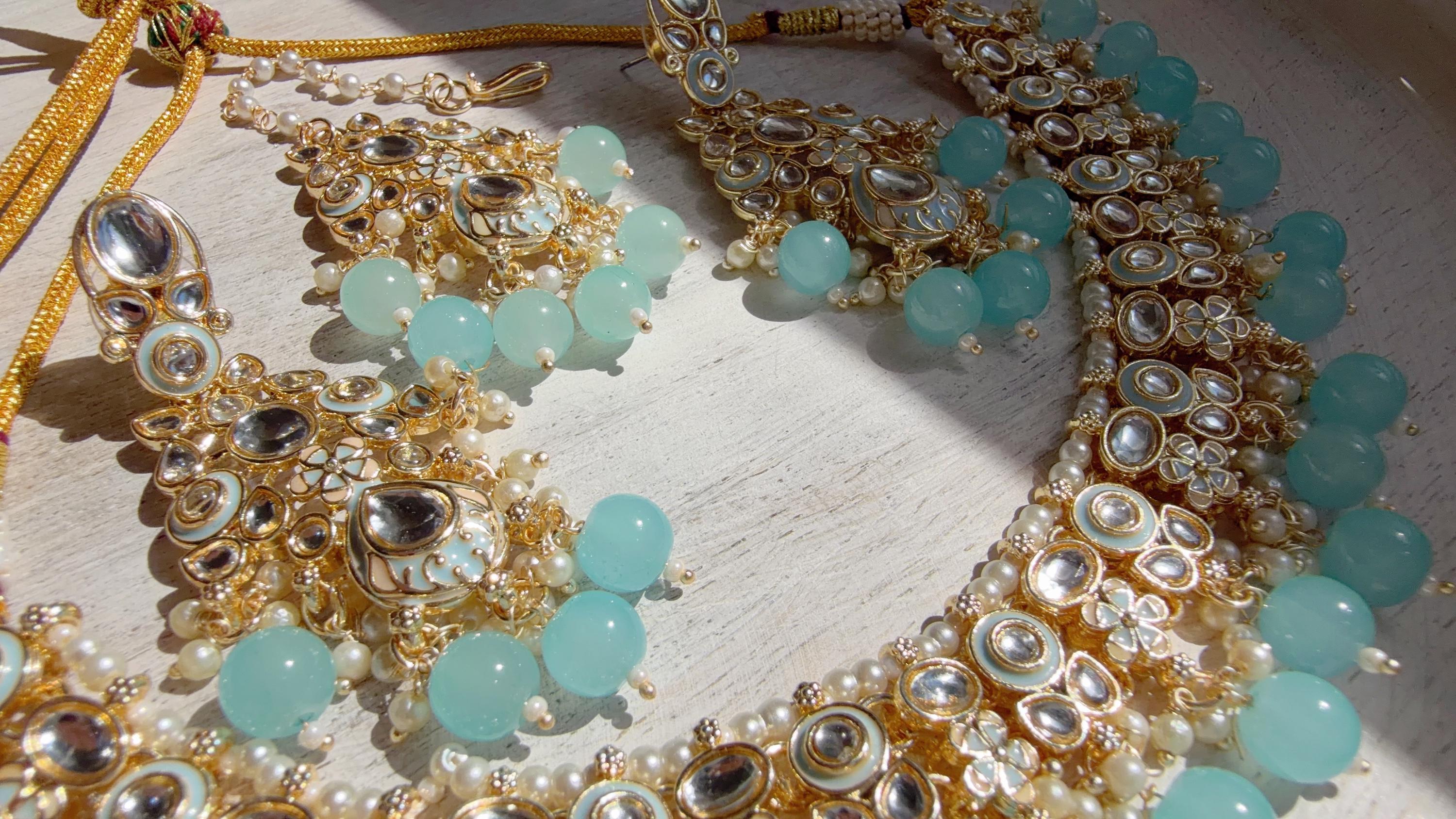 Sky blue Pearl Meenakari Kundan Necklace Set with Long Jhumka & Tikka | Bridal Kundan Choker | Indian Wedding Jewelry