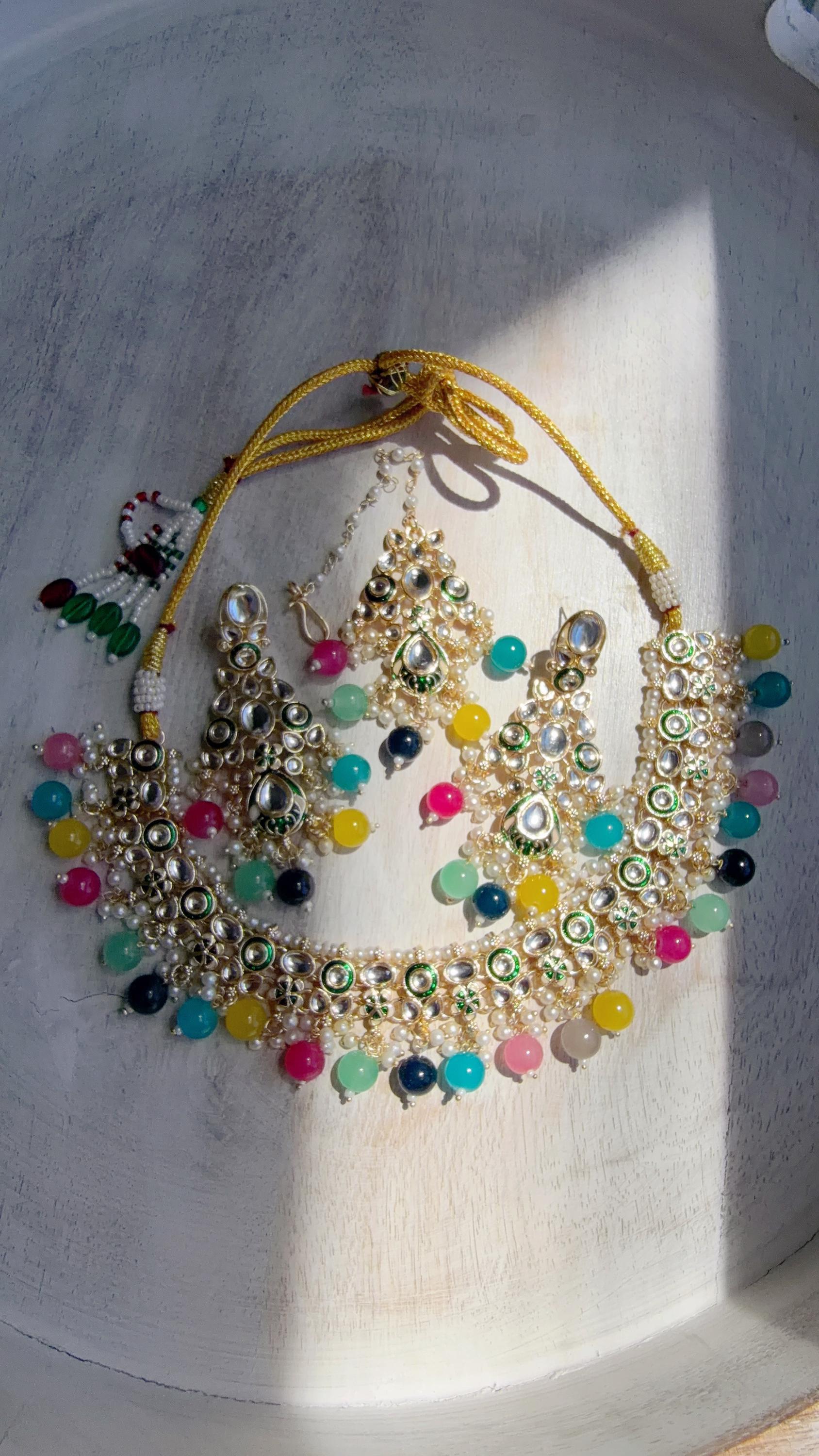 Multi Pearl Meenakari Kundan Necklace Set with Long Jhumka & Tikka | Bridal Kundan Choker | Indian Wedding Jewelry