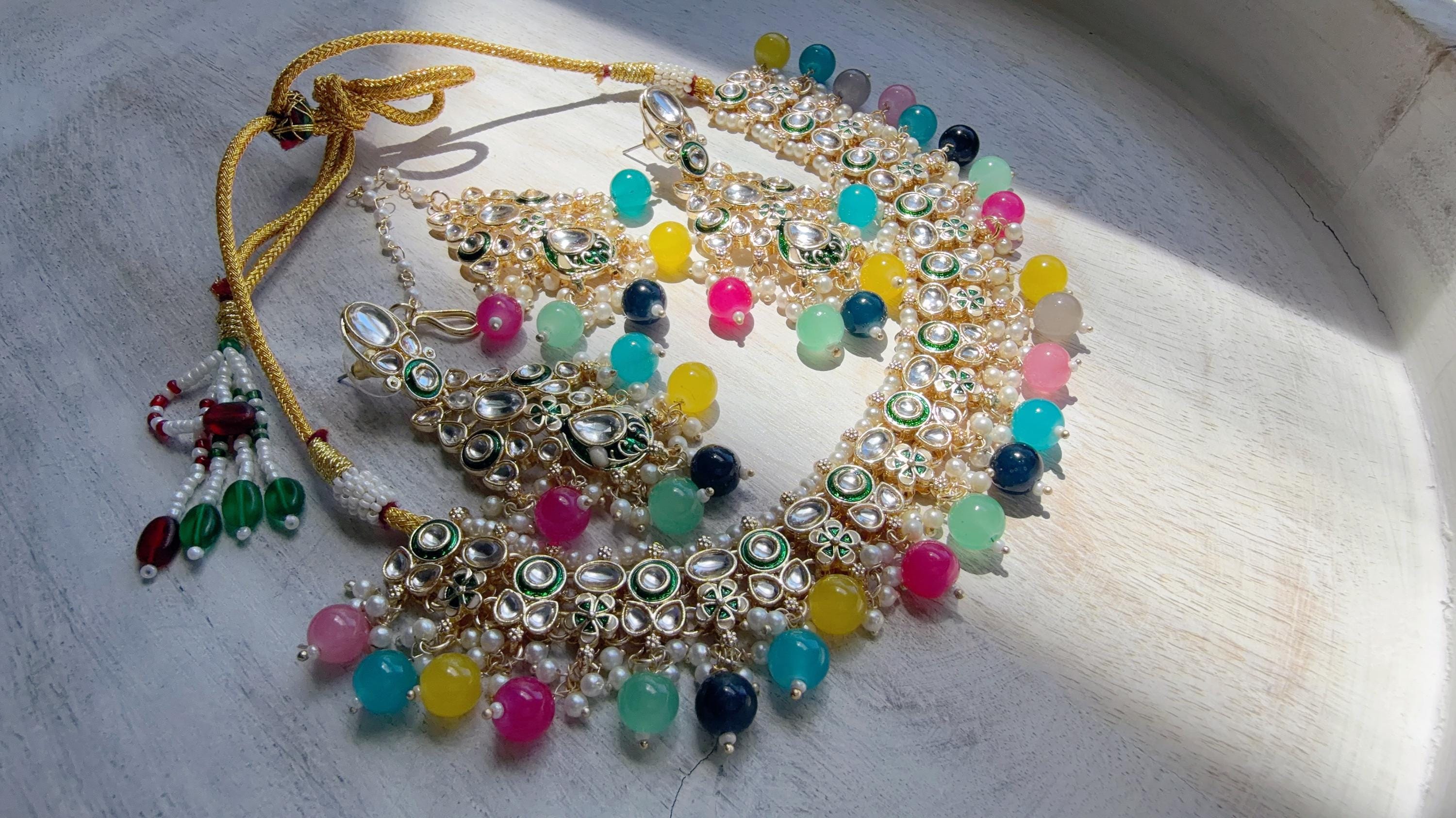 Multi Pearl Meenakari Kundan Necklace Set with Long Jhumka & Tikka | Bridal Kundan Choker | Indian Wedding Jewelry