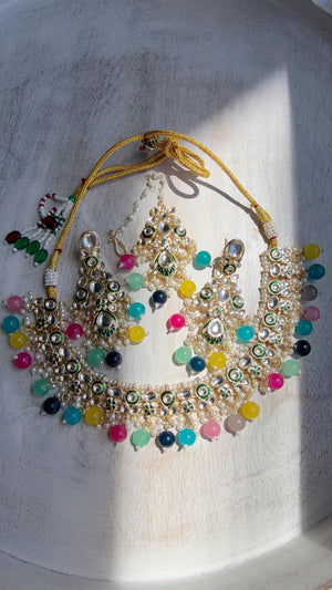 Multi Pearl Meenakari Kundan Necklace Set with Long Jhumka & Tikka | Bridal Kundan Choker | Indian Wedding Jewelry