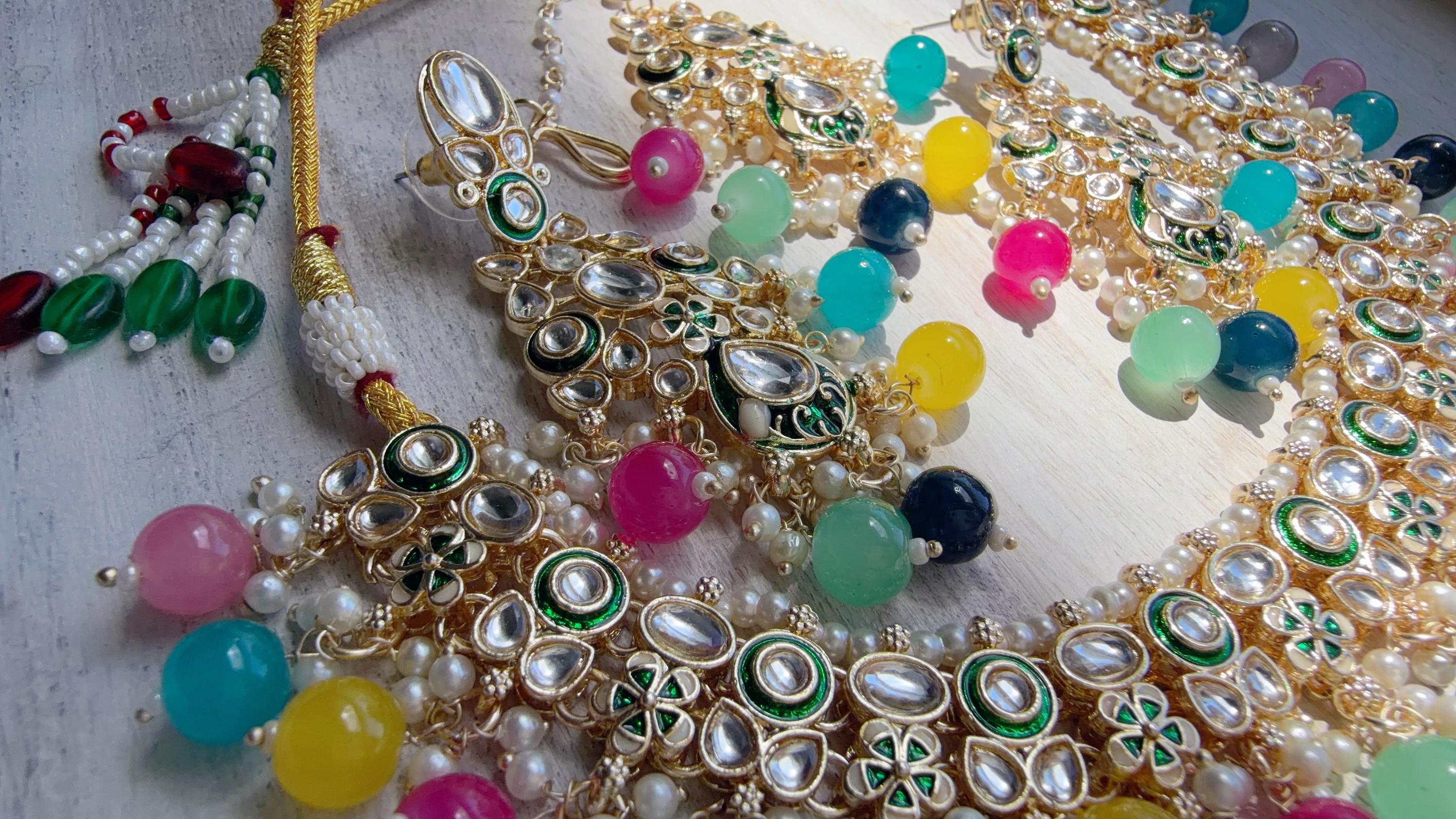 Multi Pearl Meenakari Kundan Necklace Set with Long Jhumka & Tikka | Bridal Kundan Choker | Indian Wedding Jewelry