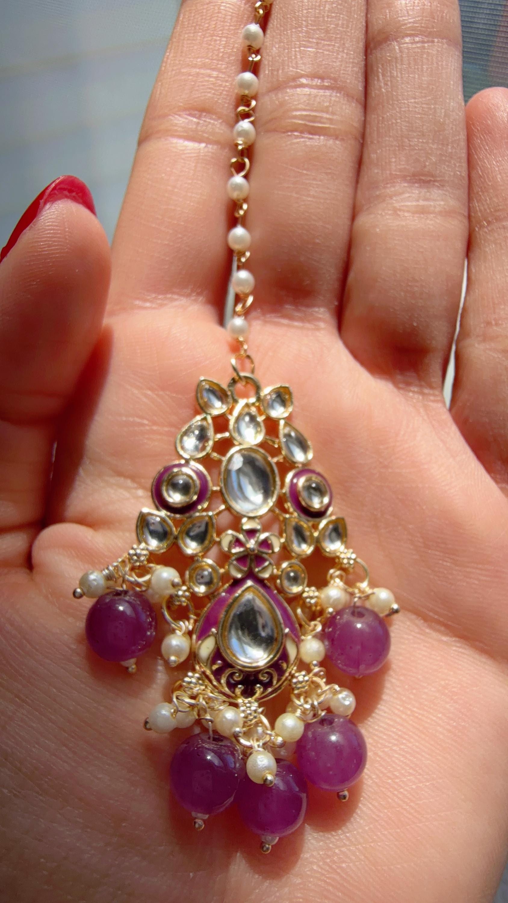 Purple Pearl Meenakari Kundan Necklace Set with Long Jhumka & Tikka | Bridal Kundan Choker | Indian Wedding Jewelry