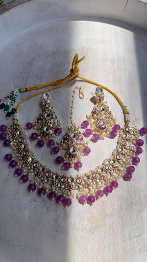 Purple Pearl Meenakari Kundan Necklace Set with Long Jhumka & Tikka | Bridal Kundan Choker | Indian Wedding Jewelry