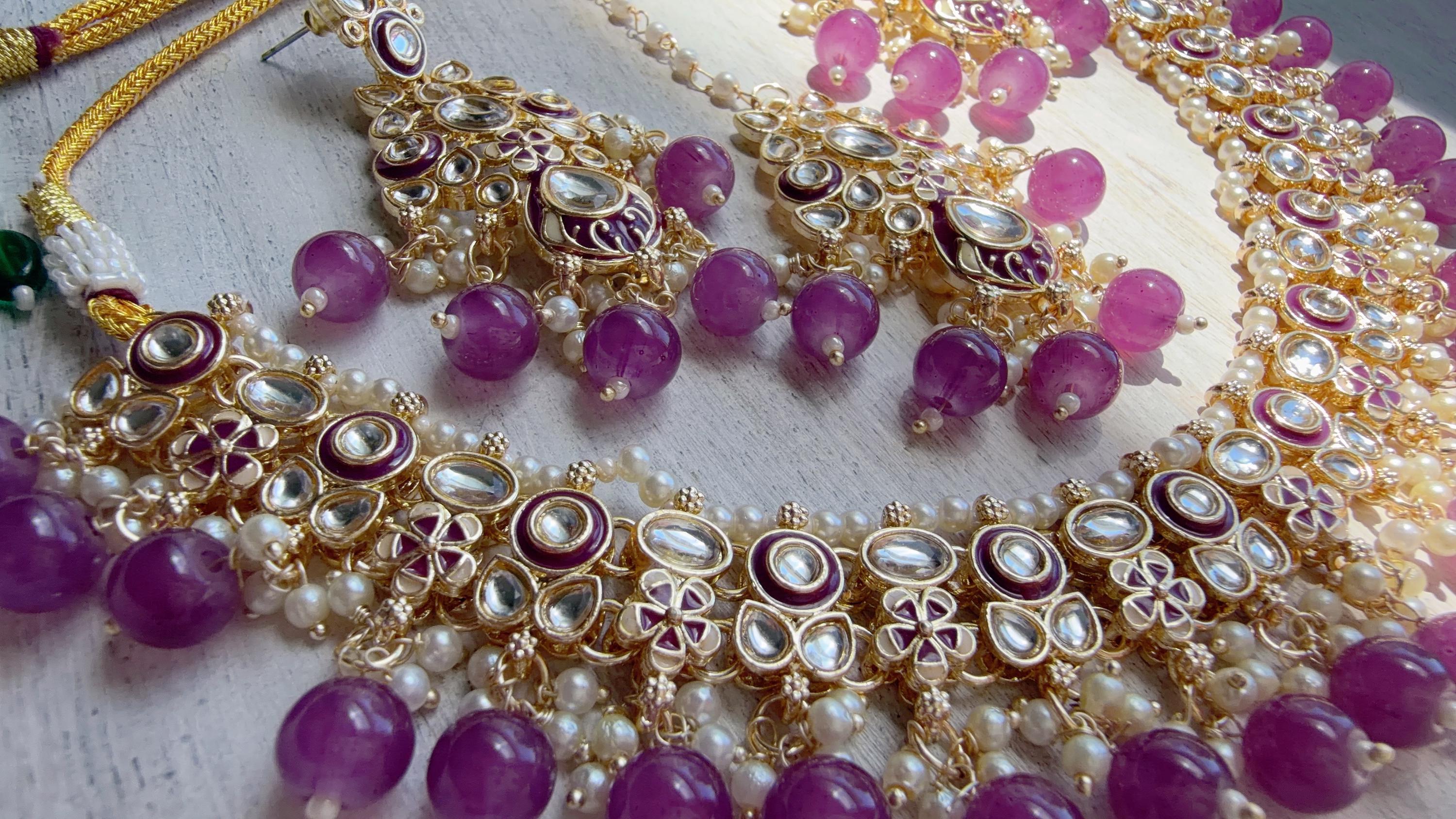 Purple Pearl Meenakari Kundan Necklace Set with Long Jhumka & Tikka | Bridal Kundan Choker | Indian Wedding Jewelry
