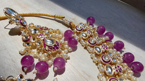 Purple Pearl Meenakari Kundan Necklace Set with Long Jhumka & Tikka | Bridal Kundan Choker | Indian Wedding Jewelry