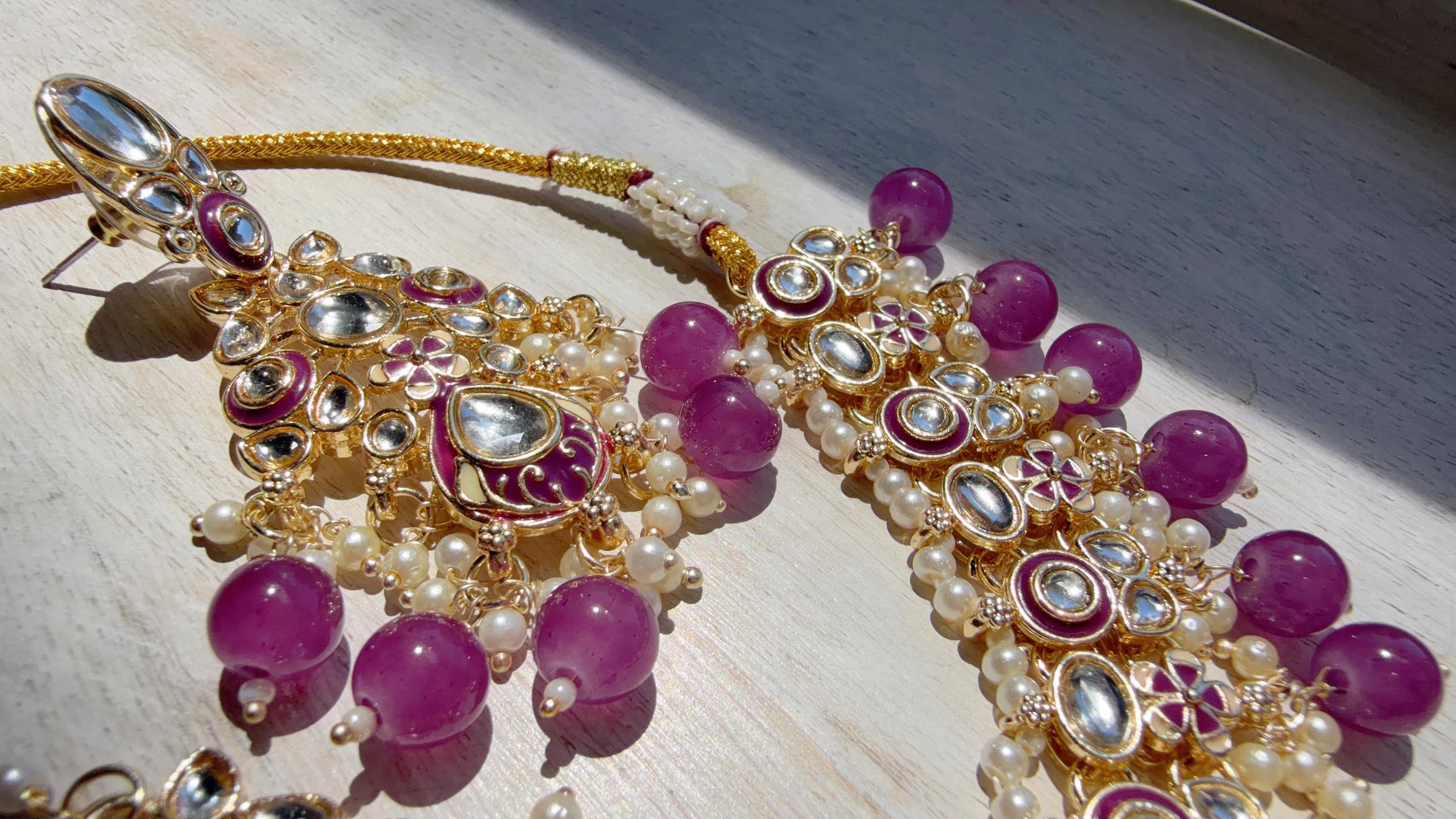 Purple Pearl Meenakari Kundan Necklace Set with Long Jhumka & Tikka | Bridal Kundan Choker | Indian Wedding Jewelry