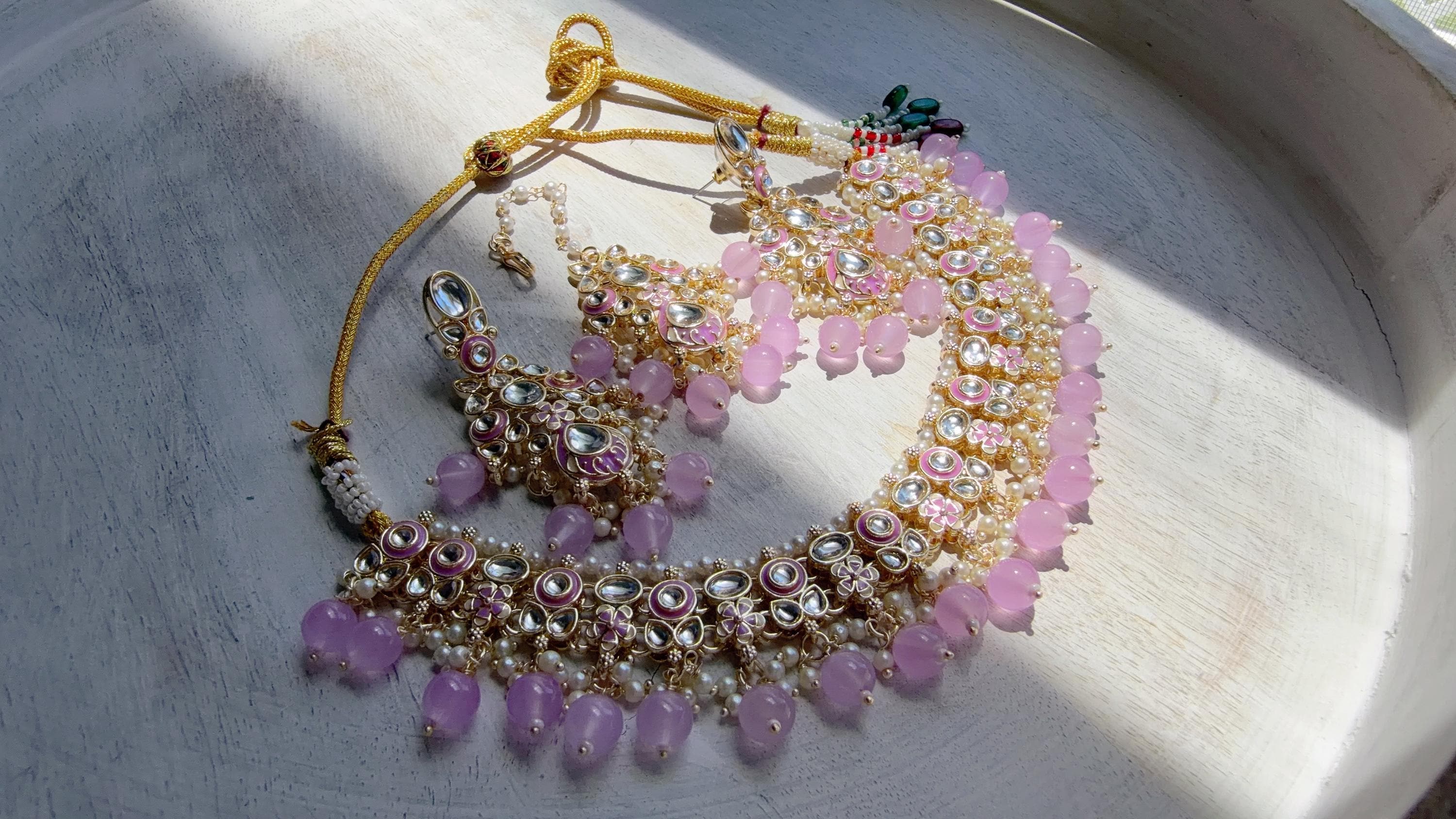 Light Purple Pearl Meenakari Kundan Necklace Set with Long Jhumka & Tikka | Bridal Kundan Choker | Indian Wedding Jewelry