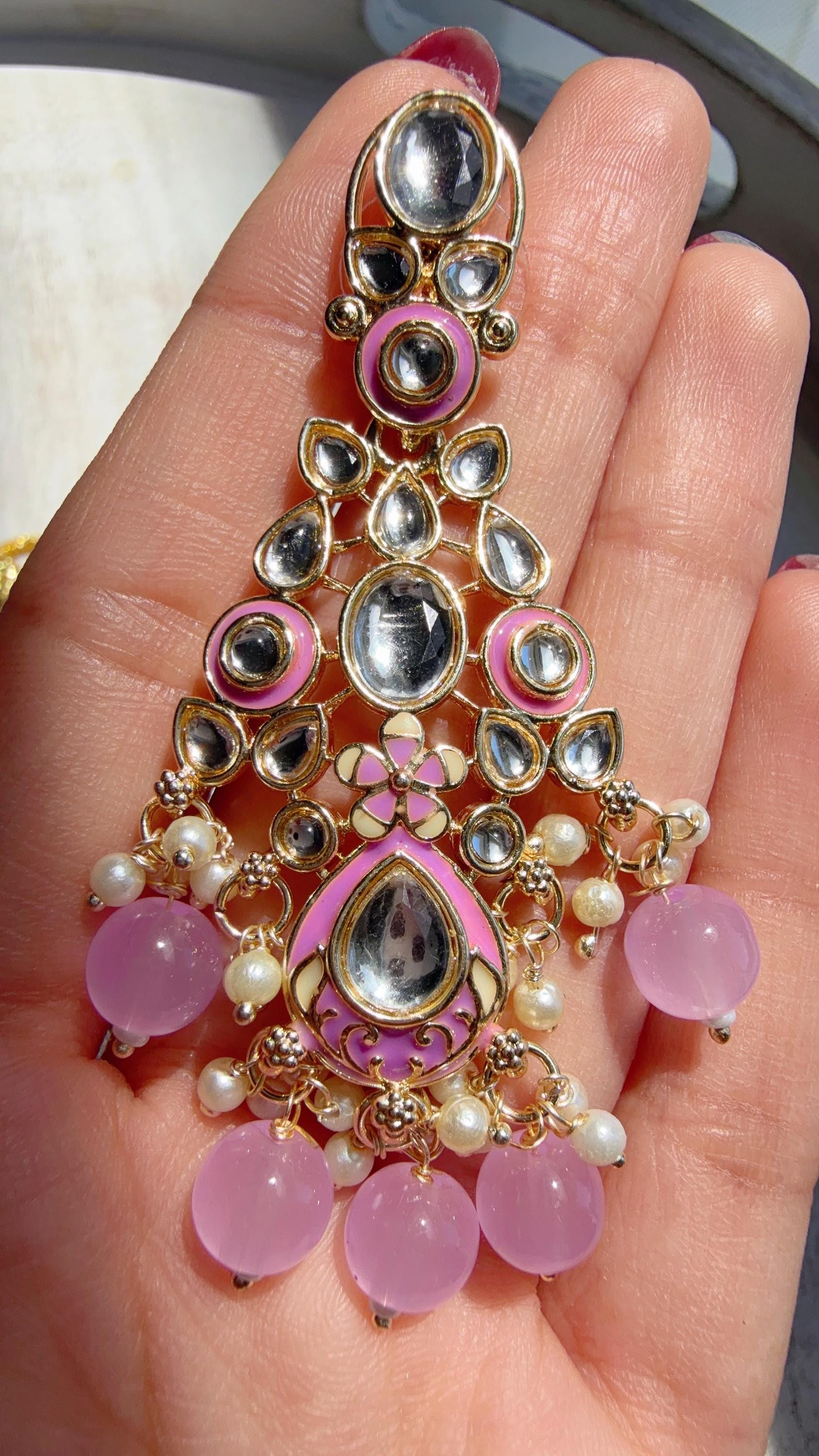Light Purple Pearl Meenakari Kundan Necklace Set with Long Jhumka & Tikka | Bridal Kundan Choker | Indian Wedding Jewelry