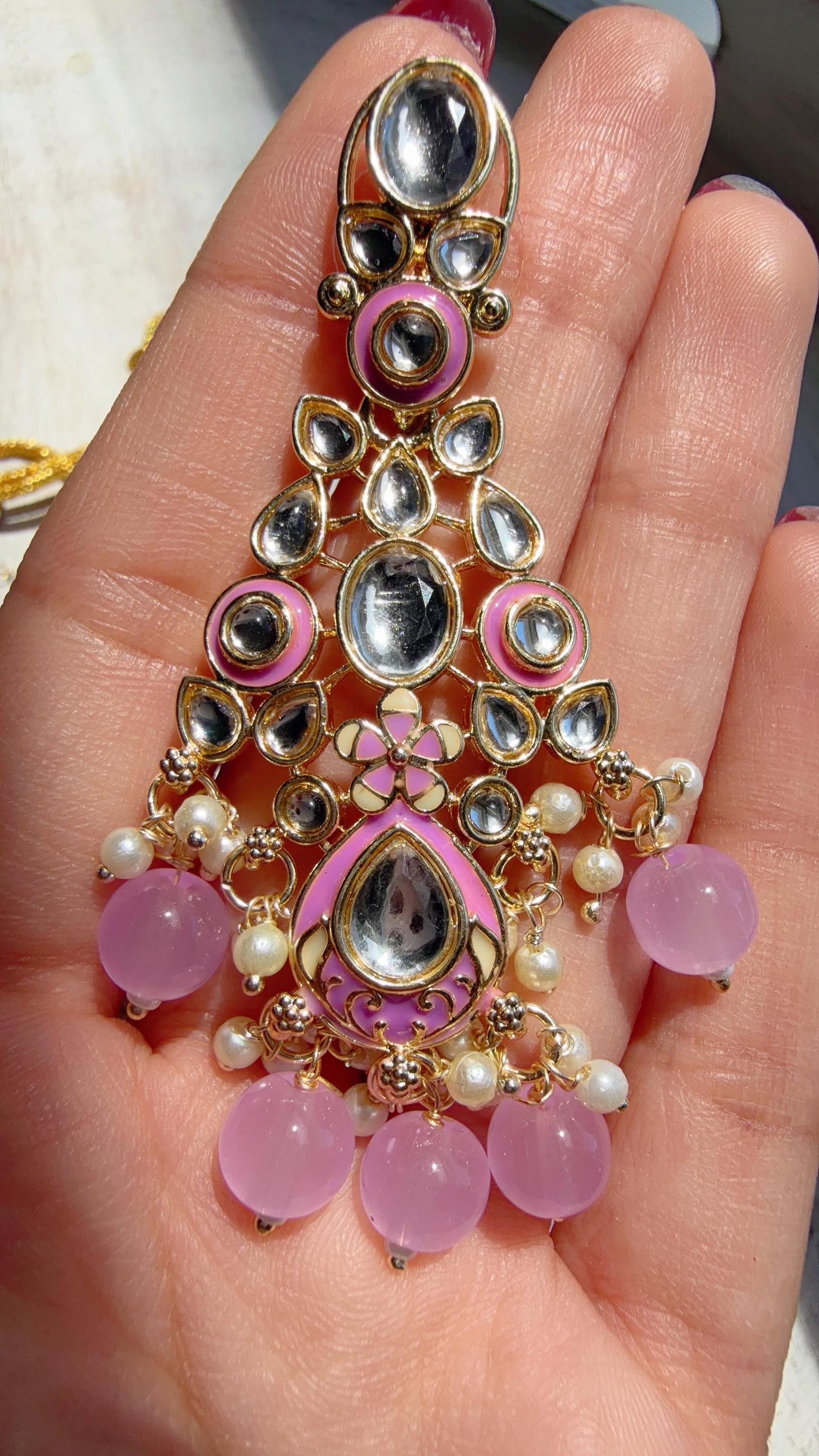 Light Purple Pearl Meenakari Kundan Necklace Set with Long Jhumka & Tikka | Bridal Kundan Choker | Indian Wedding Jewelry