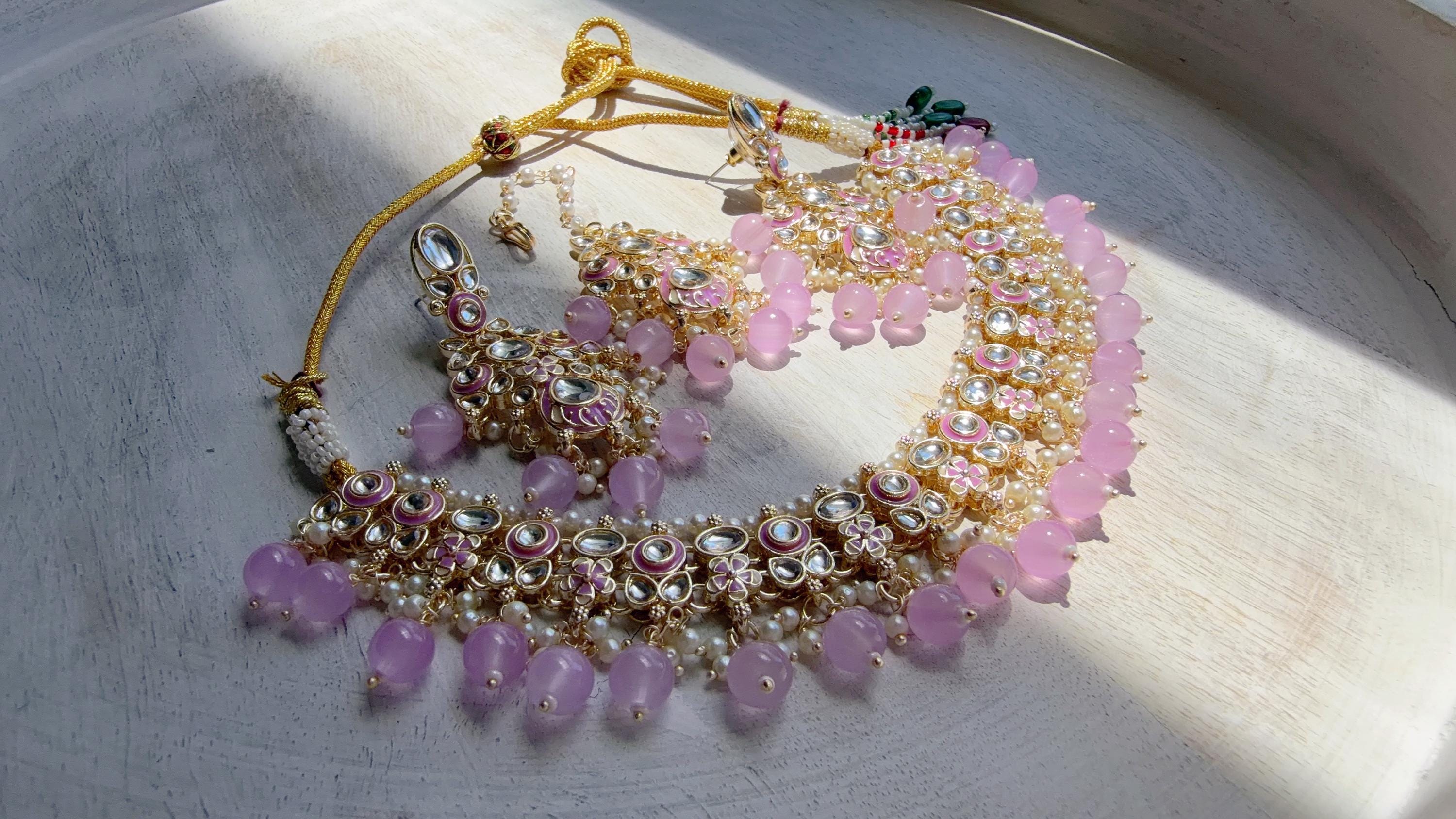 Light Purple Pearl Meenakari Kundan Necklace Set with Long Jhumka & Tikka | Bridal Kundan Choker | Indian Wedding Jewelry