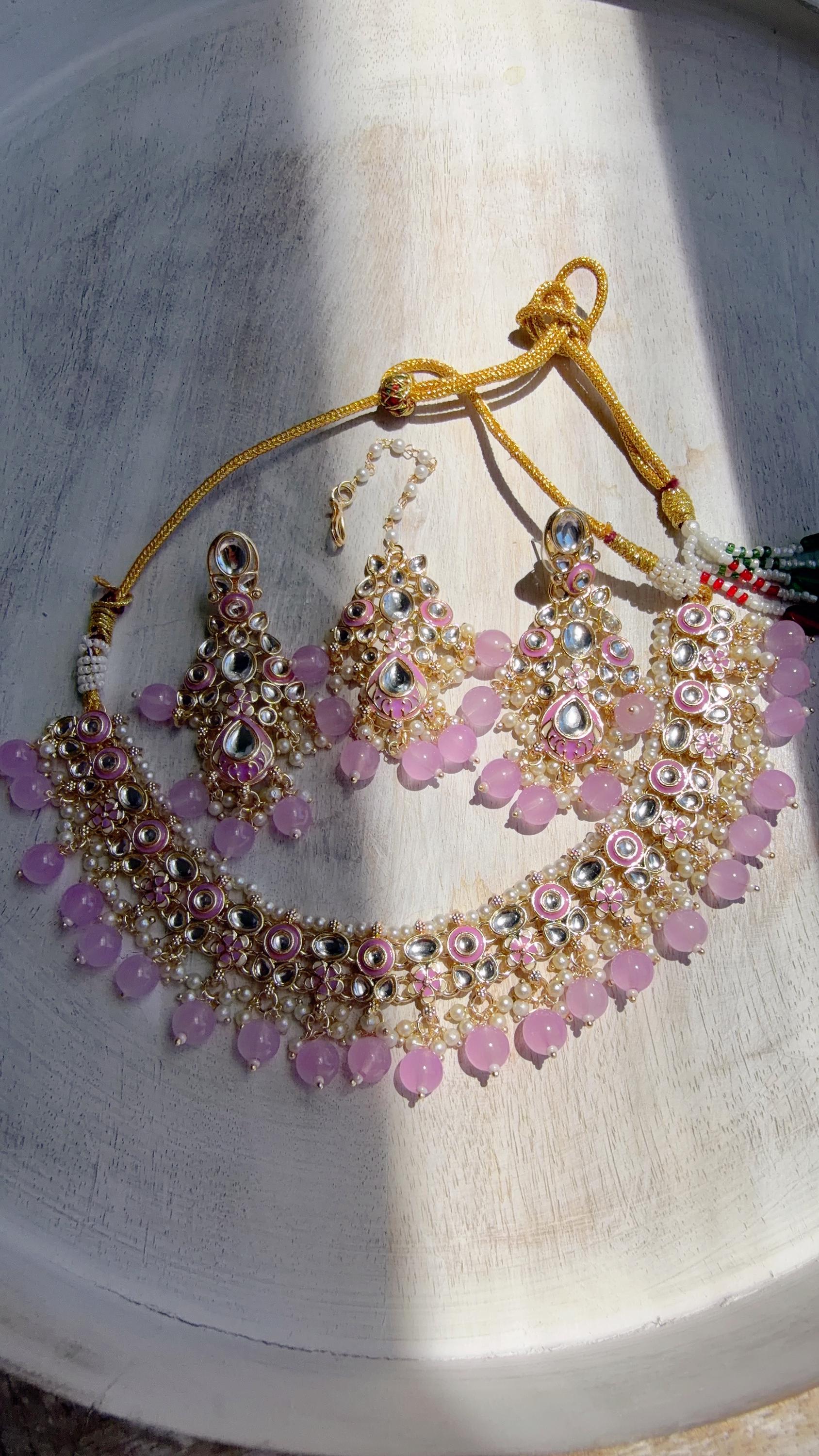 Light Purple Pearl Meenakari Kundan Necklace Set with Long Jhumka & Tikka | Bridal Kundan Choker | Indian Wedding Jewelry