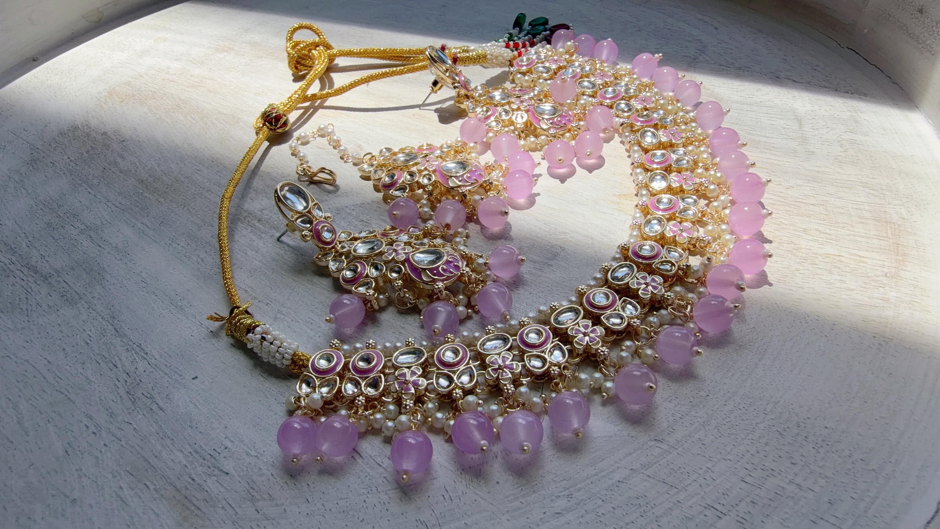 Light Purple Pearl Meenakari Kundan Necklace Set with Long Jhumka & Tikka | Bridal Kundan Choker | Indian Wedding Jewelry