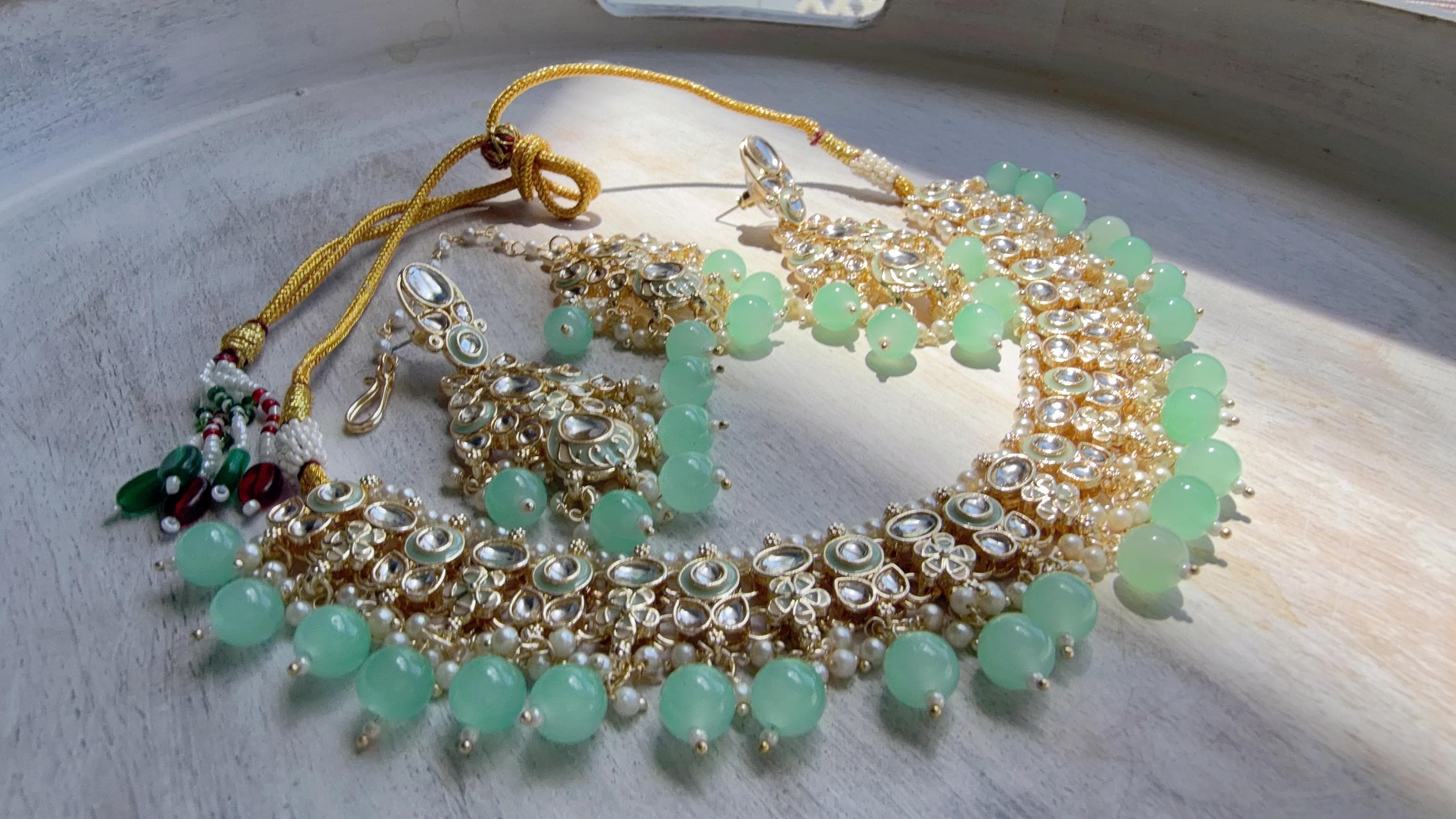 Mint Pearl Meenakari Kundan Necklace Set with Long Jhumka & Tikka | Bridal Kundan Choker | Indian Wedding Jewelry