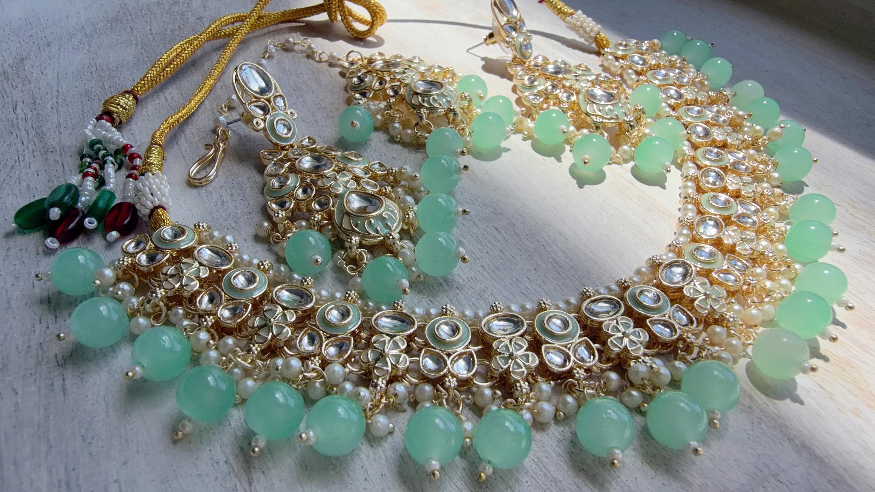 Mint Pearl Meenakari Kundan Necklace Set with Long Jhumka & Tikka | Bridal Kundan Choker | Indian Wedding Jewelry