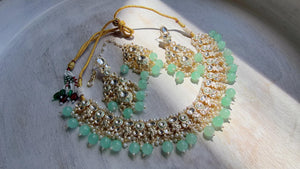 Mint Pearl Meenakari Kundan Necklace Set with Long Jhumka & Tikka | Bridal Kundan Choker | Indian Wedding Jewelry