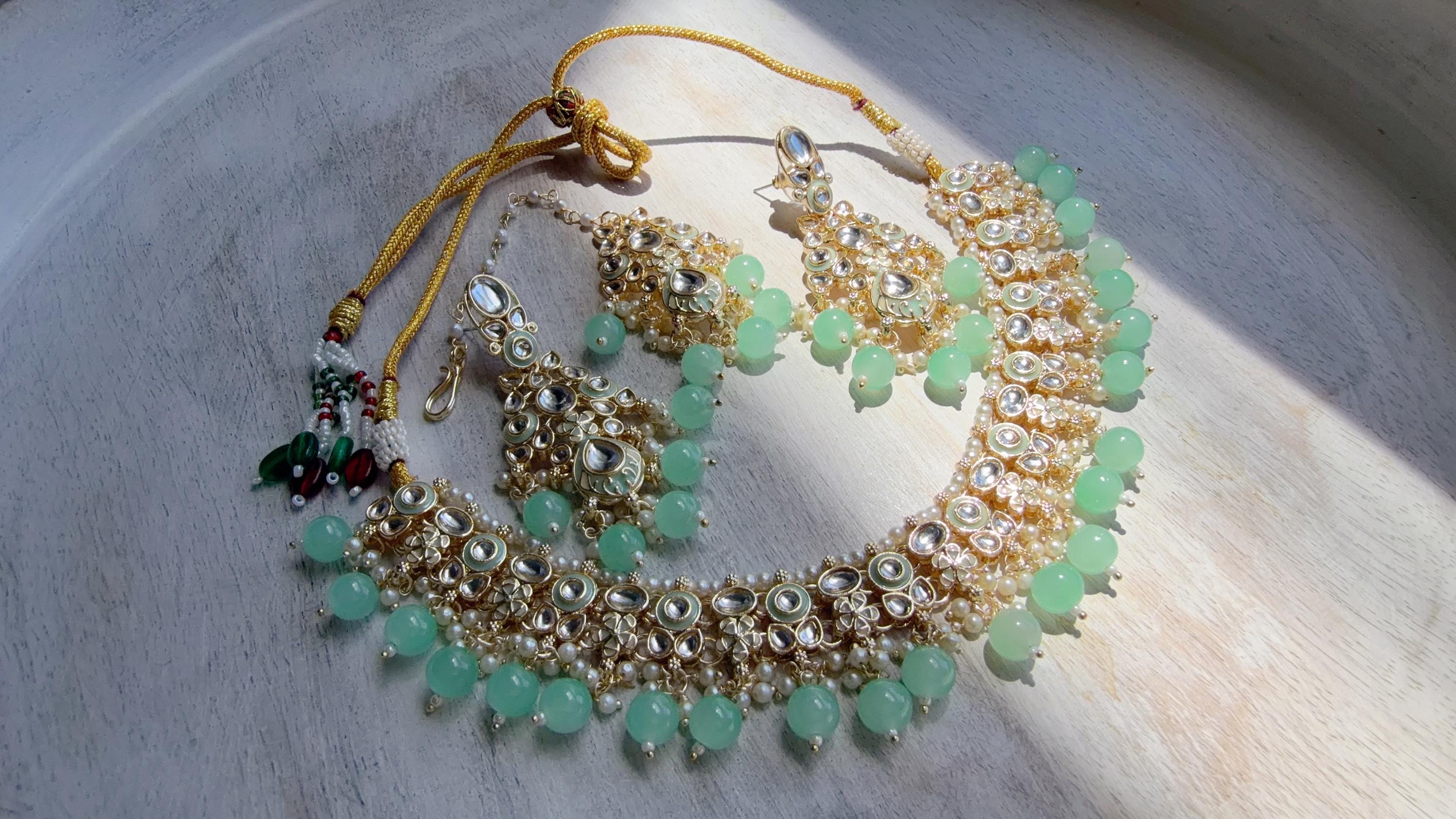 Mint Pearl Meenakari Kundan Necklace Set with Long Jhumka & Tikka | Bridal Kundan Choker | Indian Wedding Jewelry